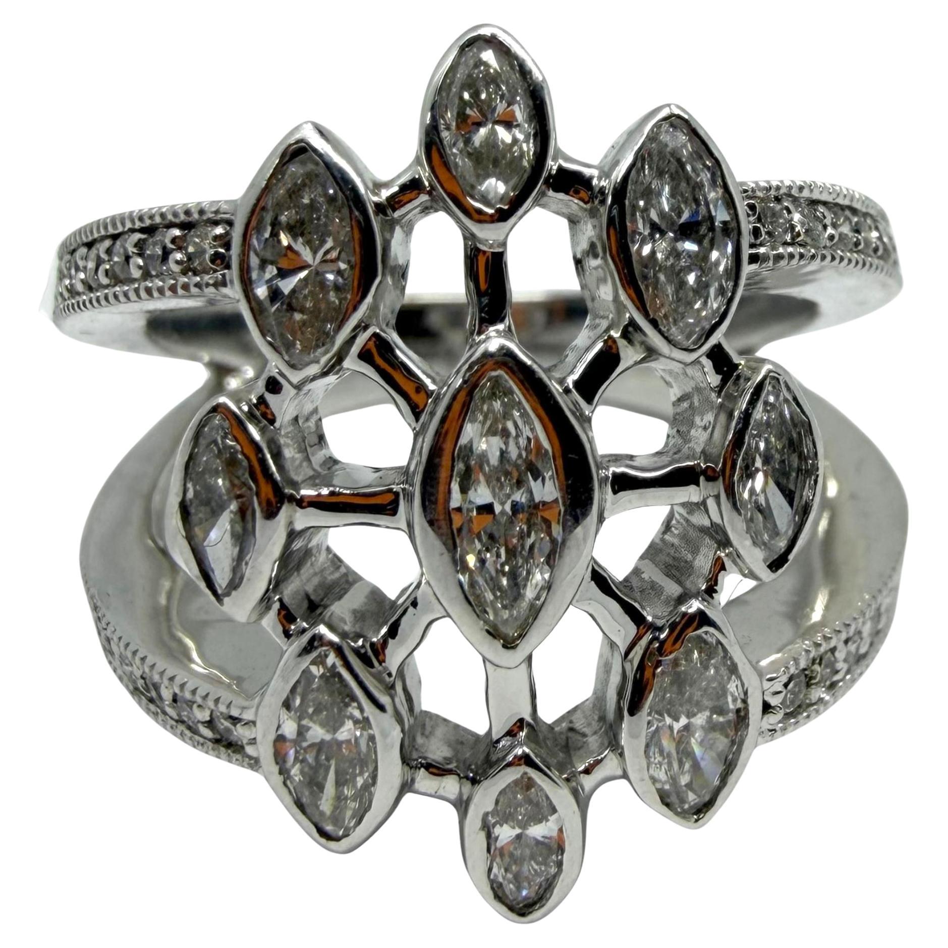 Anello a fascia con diamante taglio marquise in oro bianco 14K da 0,93 carati