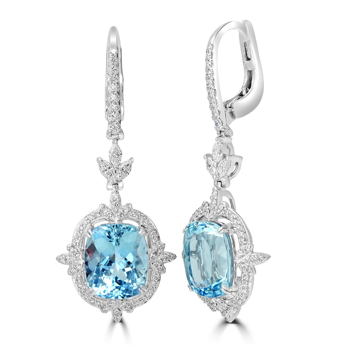 These Exquisite Aqua Blue Cushion Shaped Aquamarine Gemstone Of 9.46Cts Are The Main Attraction in These Shimmering Design Dangle Earring. These Beautiful Aquamarine Gemstone Are Surrounded By Diamonds And Crafted In 14K White Gold.
These Earring