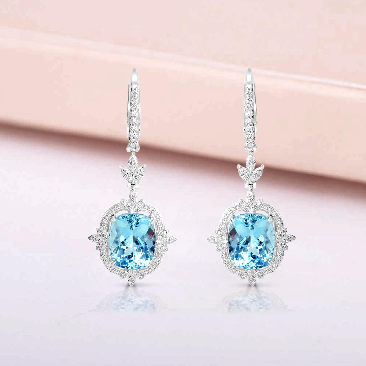 14K White Gold 9.46cts Aquamarine and Diamond Earring, Style# E5271AQ In New Condition In New York, NY
