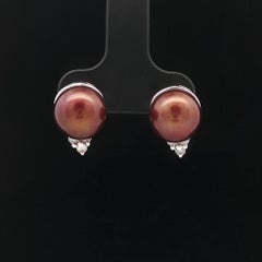 14k White Gold 9mm Chocolate Brown Pearl w/ Diamond Elegant Earrings