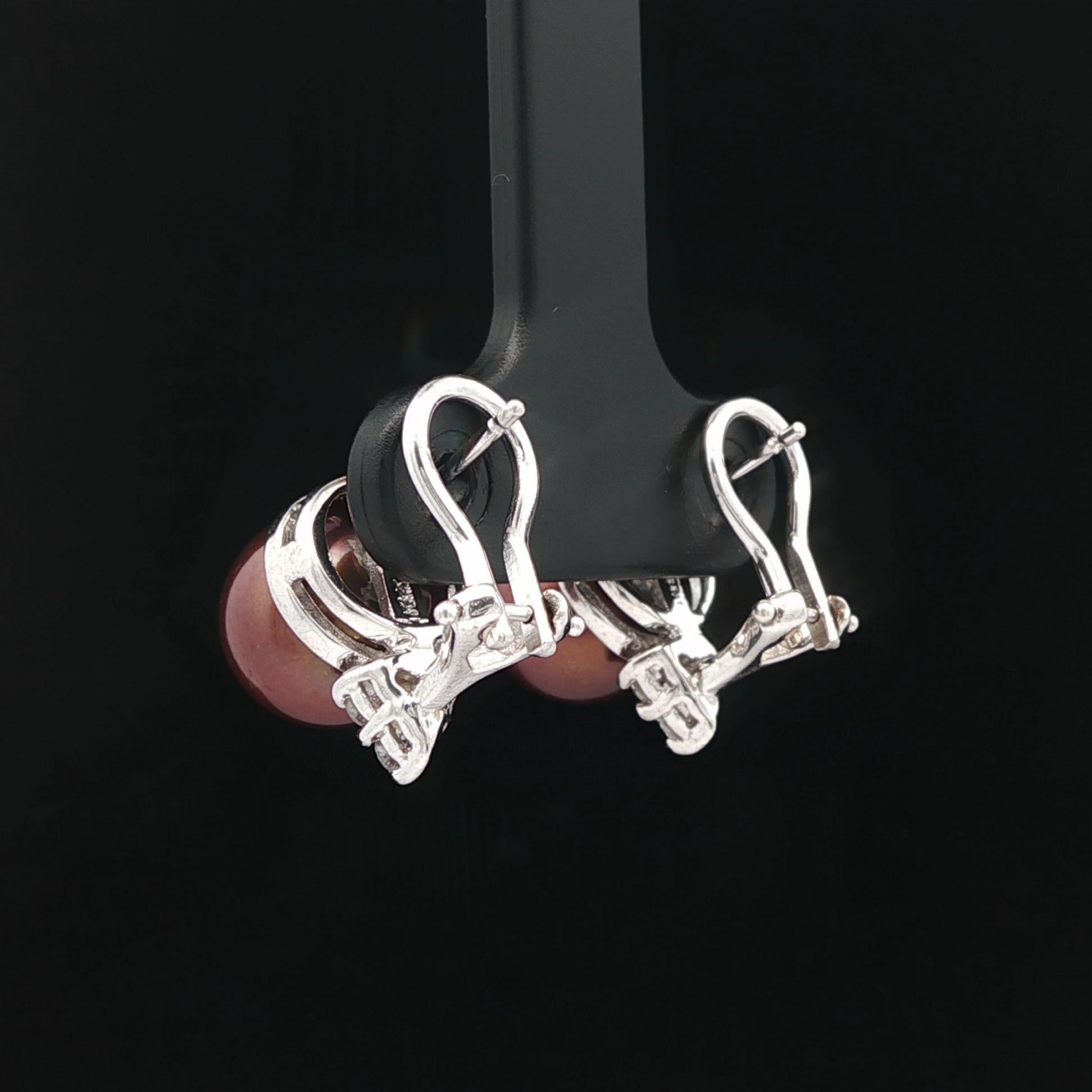 De las mujeres Pendientes Elegantes de Oro Blanco de 14k Perla Marrón Chocolate de 9 mm con Diamante en venta