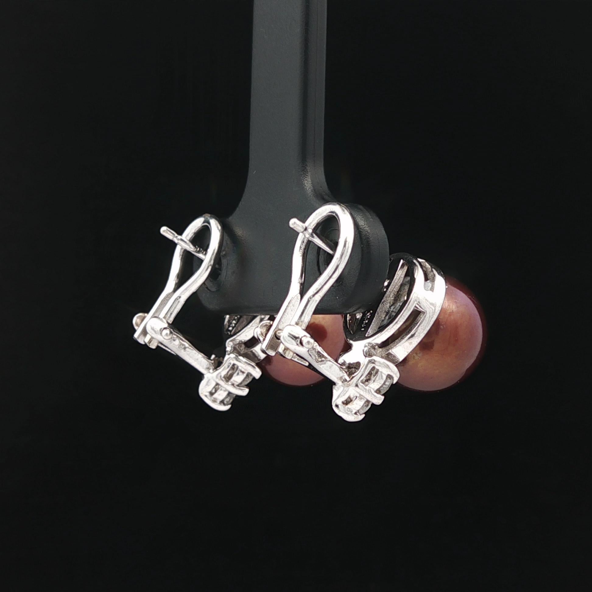 Pendientes Elegantes de Oro Blanco de 14k Perla Marrón Chocolate de 9 mm con Diamante en venta 1