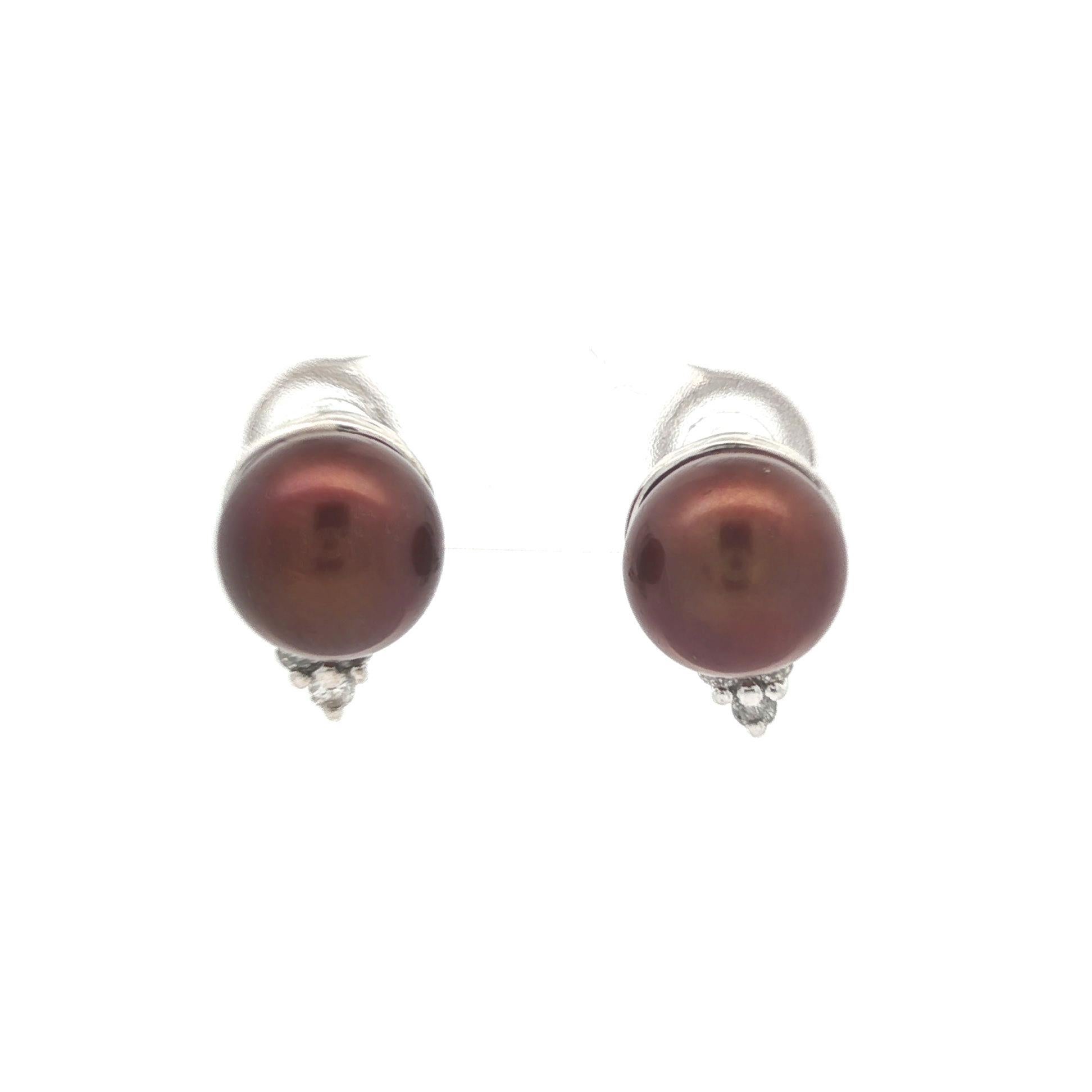 Pendientes Elegantes de Oro Blanco de 14k Perla Marrón Chocolate de 9 mm con Diamante en venta 2