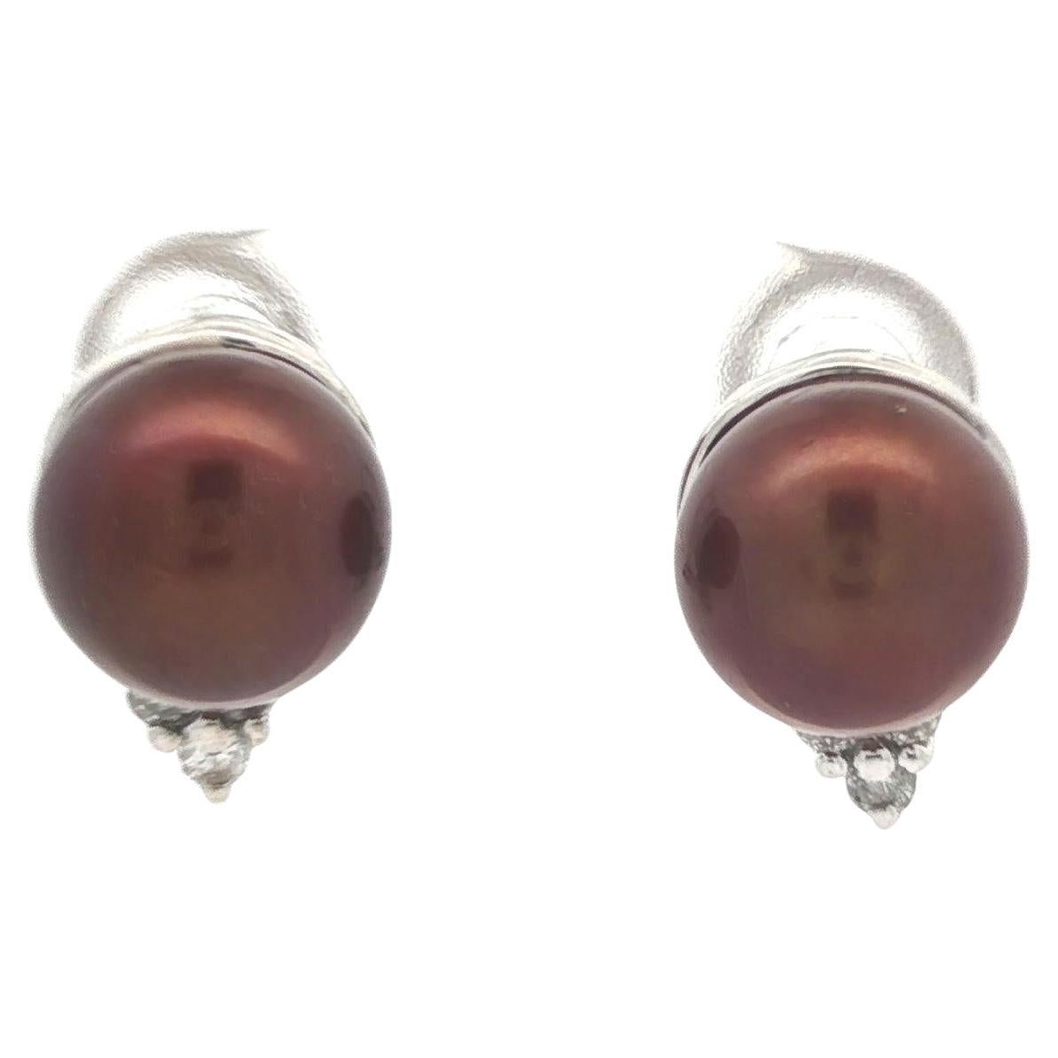 Pendientes Elegantes de Oro Blanco de 14k Perla Marrón Chocolate de 9 mm con Diamante en venta