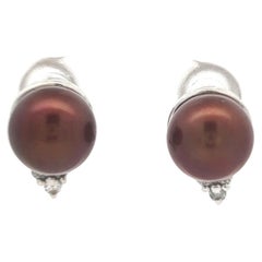 Pendientes Elegantes de Oro Blanco de 14k Perla Marrón Chocolate de 9 mm con Diamante