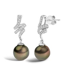 14K White Gold 9MM Cultured Black Pearl and Diamond Accent Drop Dangle Earrings