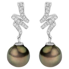 14K White Gold 9MM Cultured Black Pearl and Diamond Accent Drop Dangle Earrings
