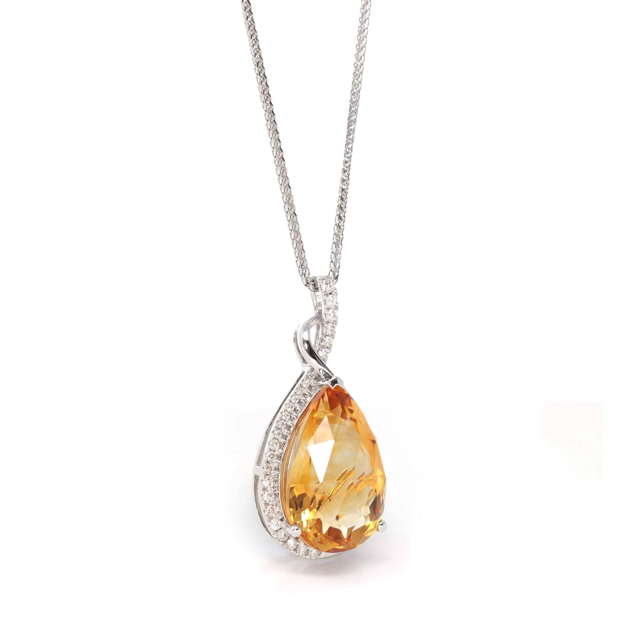 Artist 14k White Gold AA Citrine Tear Drop Necklace with Diamonds For Sale