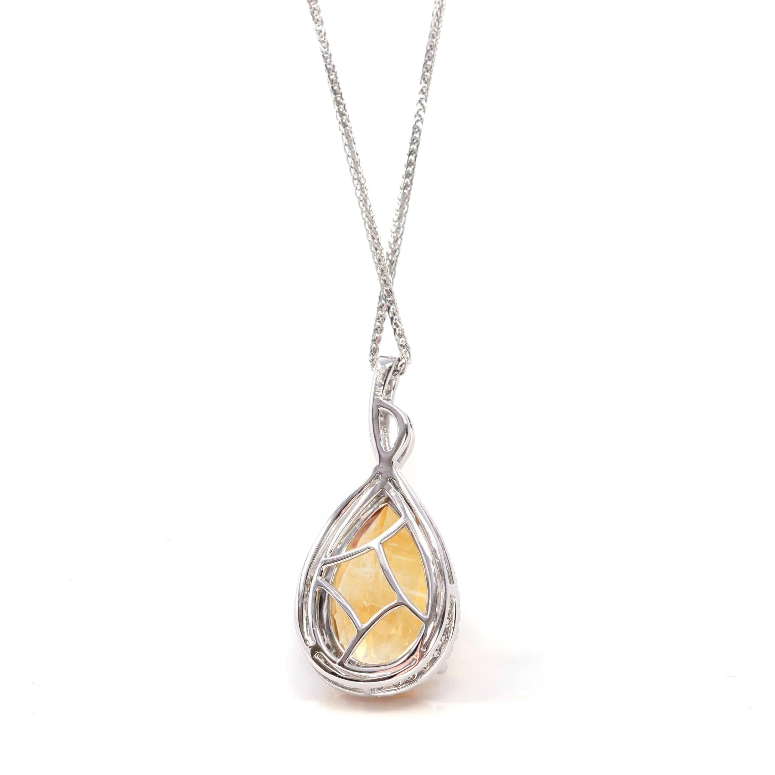 Pear Cut 14k White Gold AA Citrine Tear Drop Necklace with Diamonds For Sale