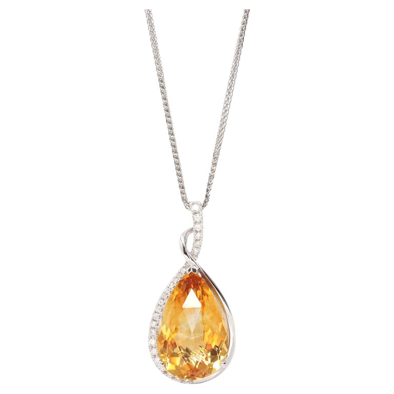 14k White Gold AA Citrine Tear Drop Necklace with Diamonds For Sale at