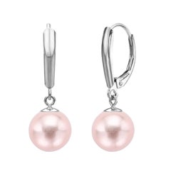 9mm circle actual size 14k White Gold AAA Pink Cultured Freshwater Pearl High Luster Leverback Earring