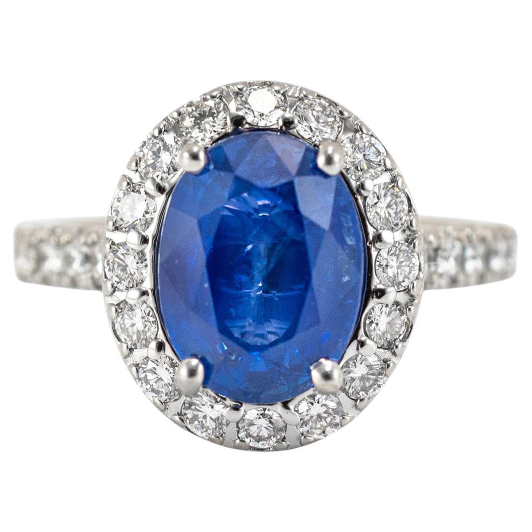 14K White Gold AGL Ceylon 3.54ct Oval Sapphire Halo Diamond Cocktail Ring