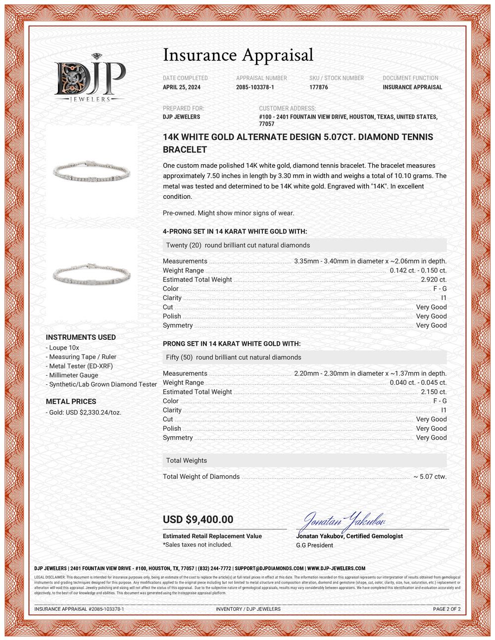 Oro Blanco 14K Diseño alterno 5.07ct. Pulsera de tenis con diamantes en venta 1