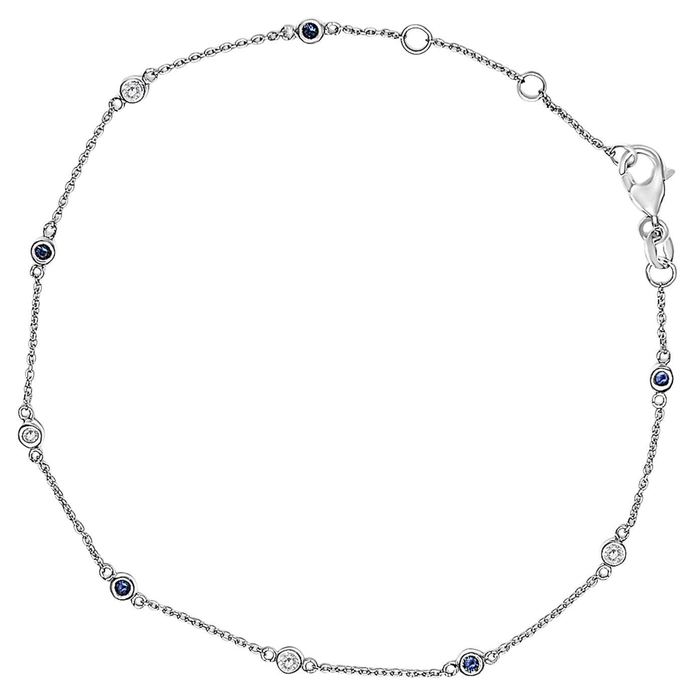 14K White Gold Alternating Blue Sapphire & White Diamond Bezel Station Bracelet