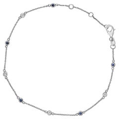 14K White Gold Alternating Blue Sapphire & White Diamond Bezel Station Bracelet