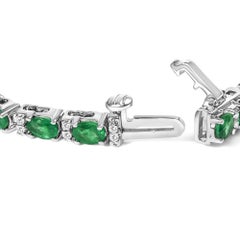 14K White Gold Alternating Oval Green Emerald and Diamond Tennis Bracelet