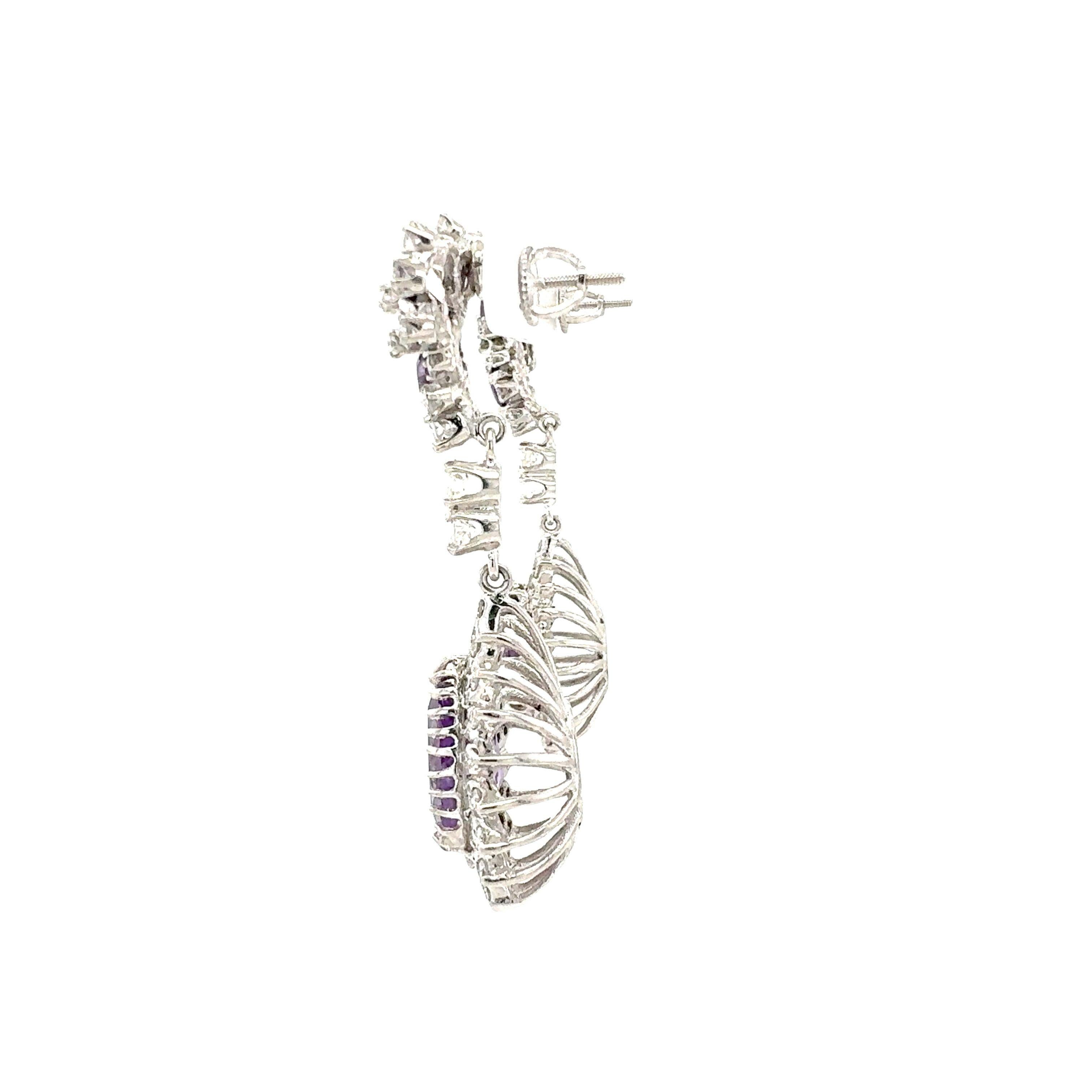 Oval Cut 14K White Gold Amethyst and Diamond Dangle Earrings For Sale