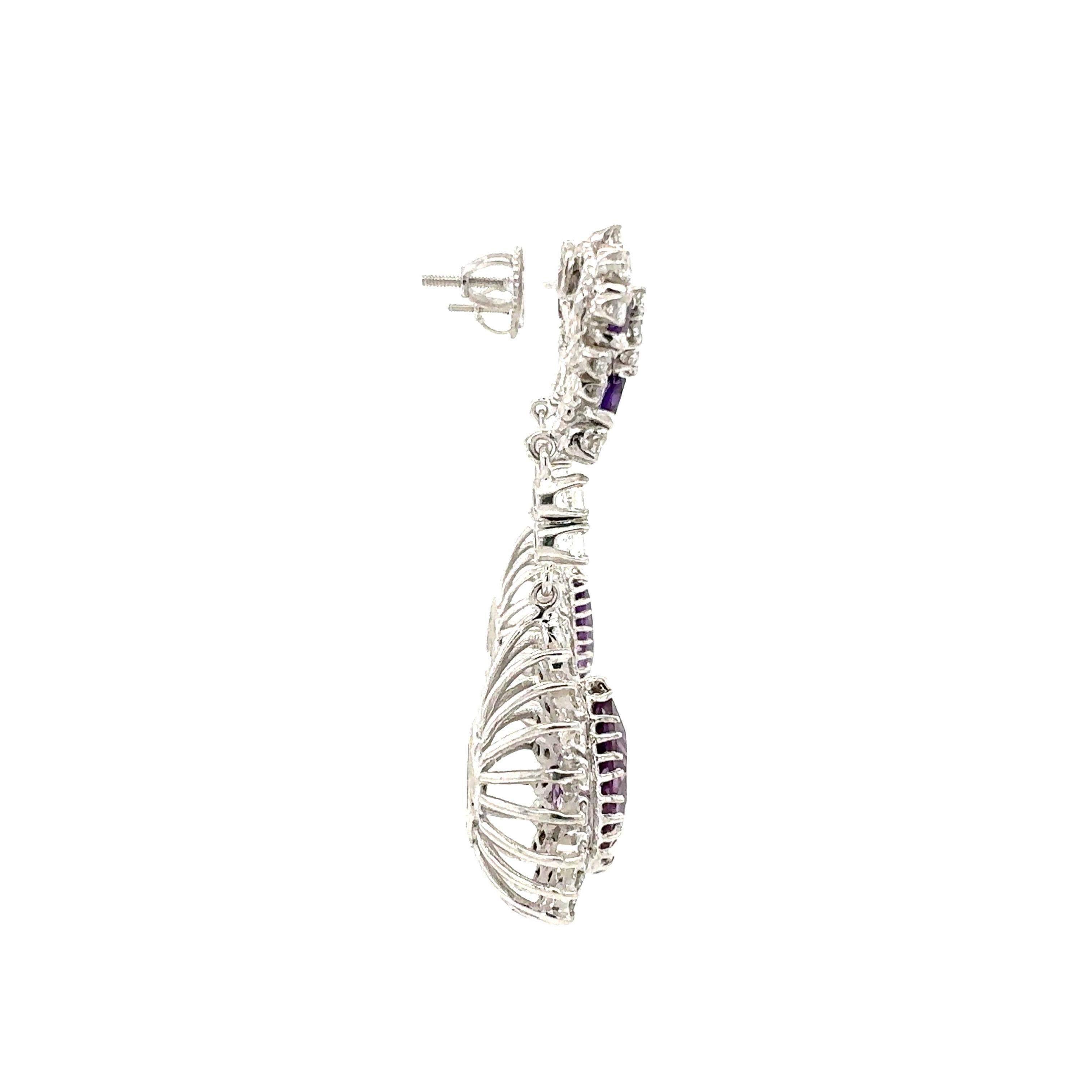 14K White Gold Amethyst and Diamond Dangle Earrings In Good Condition For Sale In Beverly Hills, CA