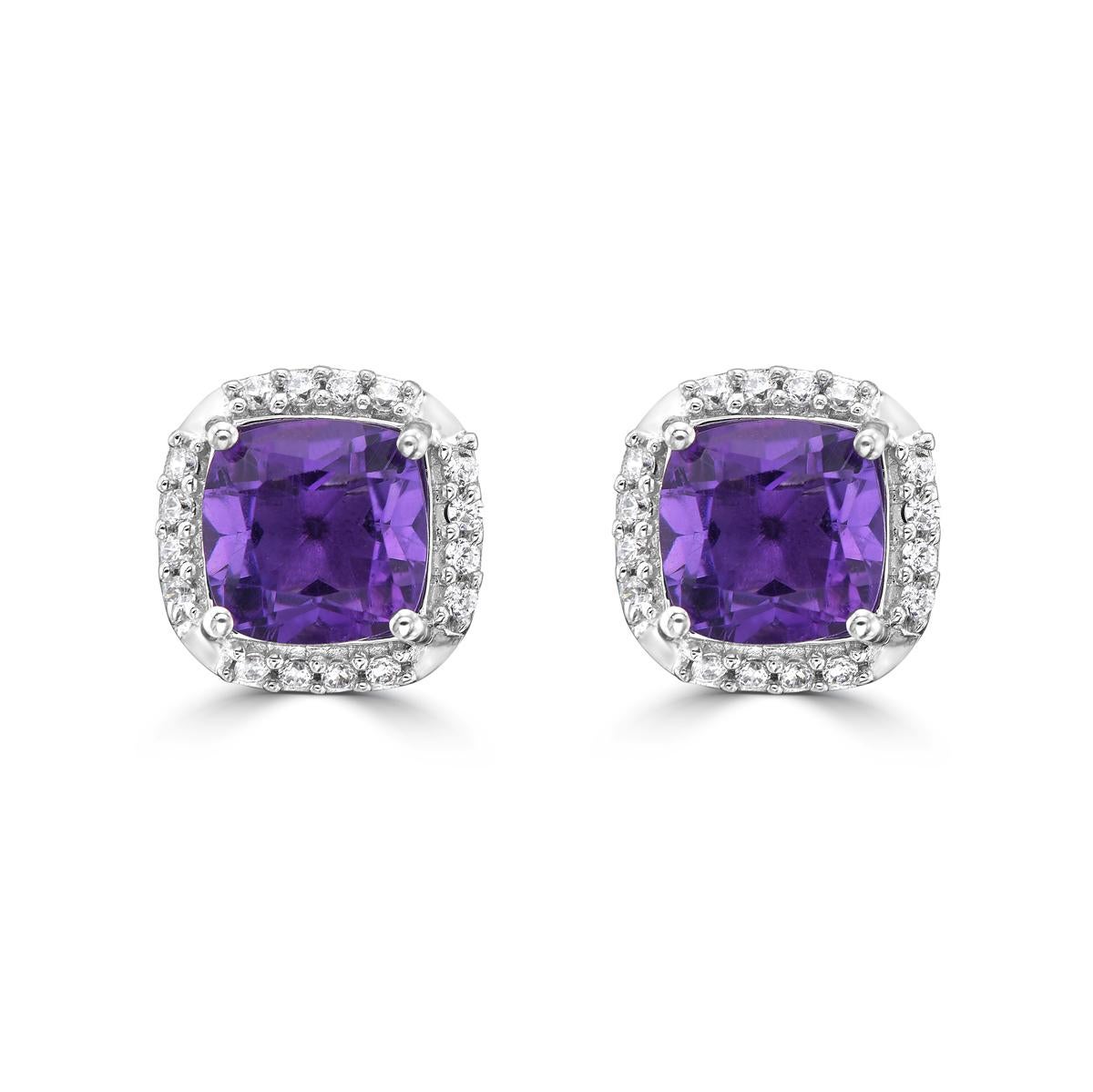 Cushion Cut 14K White Gold Amethyst and Diamond Halo Stud Earrings For Sale