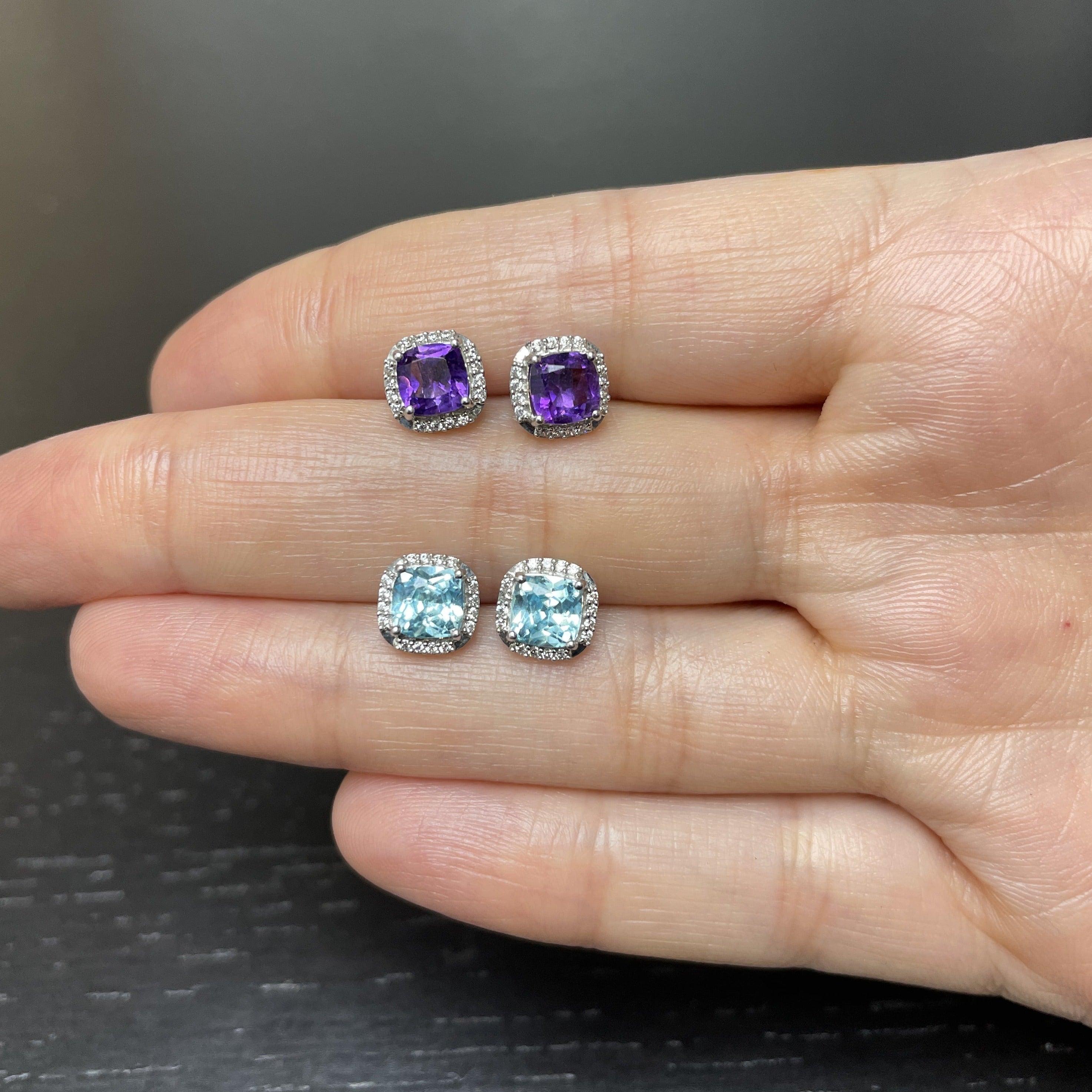 14K White Gold Amethyst and Diamond Halo Stud Earrings In New Condition For Sale In New York, NY