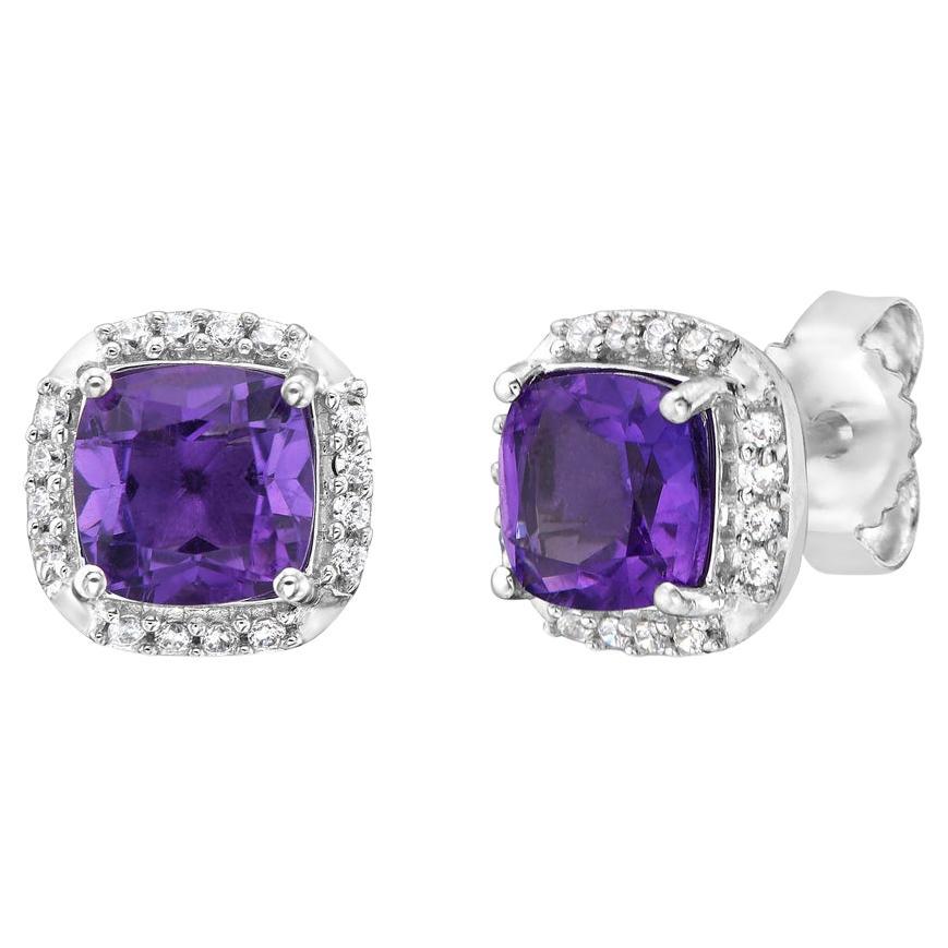 14K White Gold Amethyst and Diamond Halo Stud Earrings For Sale