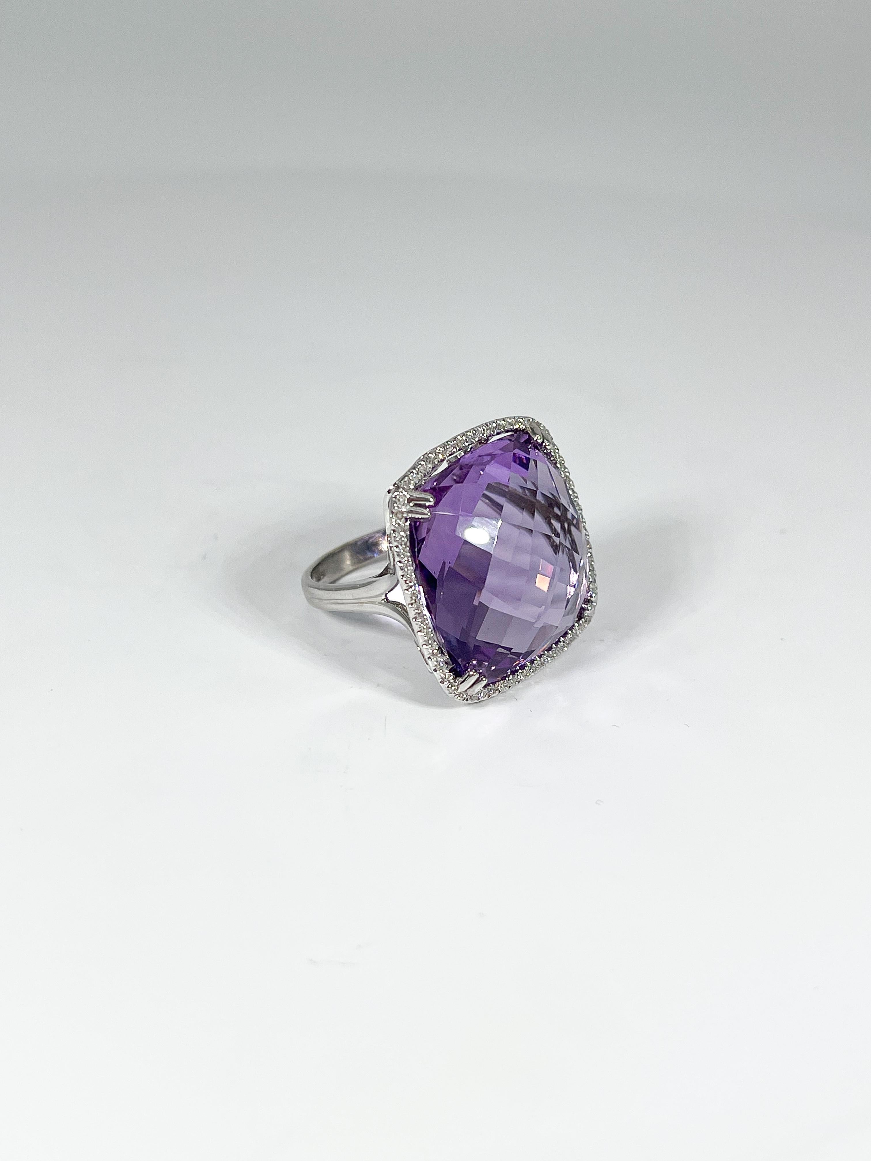 Cushion Cut 14K White Gold Amethyst and Diamond Ring 1 CTW For Sale