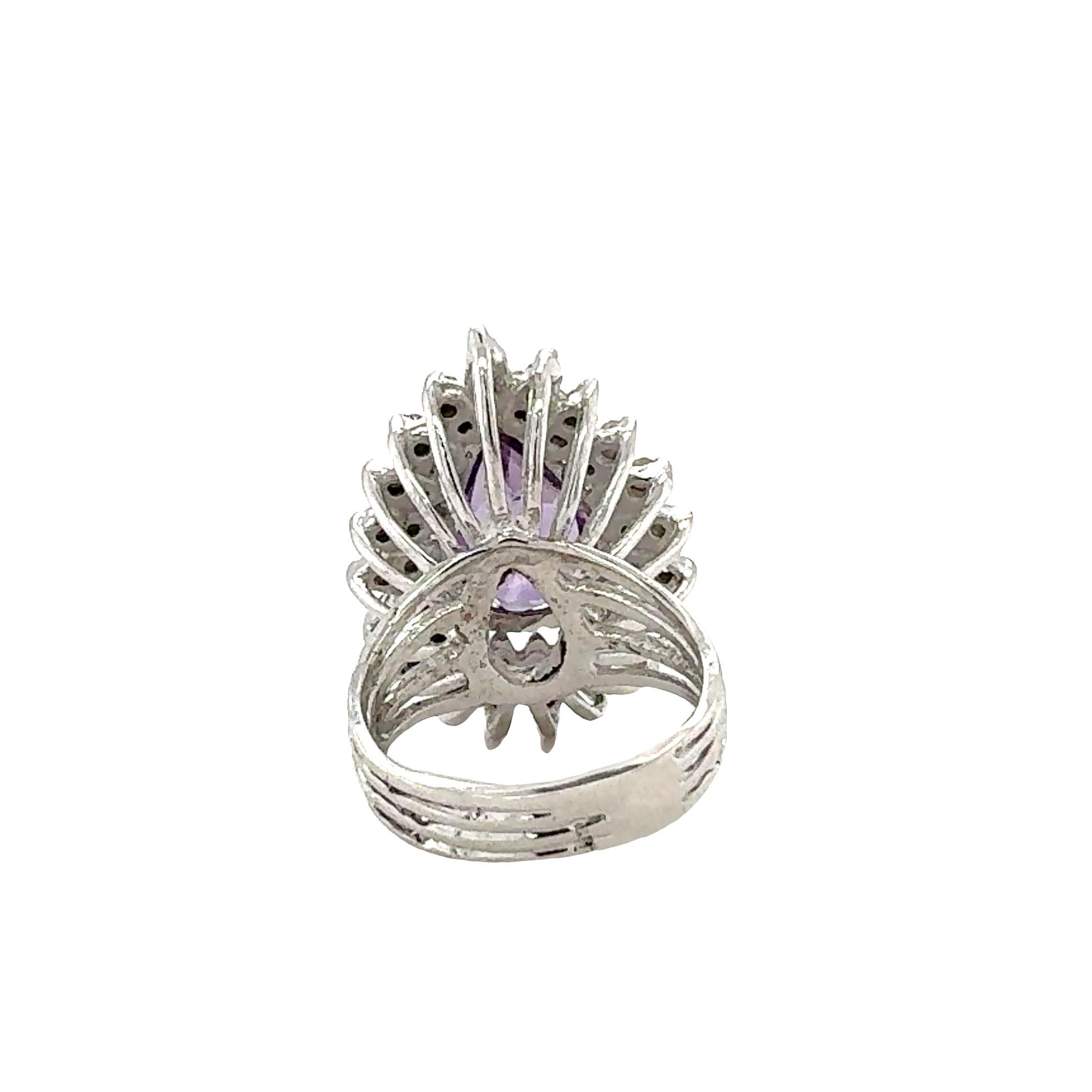 Pear Cut 14K White Gold Amethyst and Diamond Ring For Sale