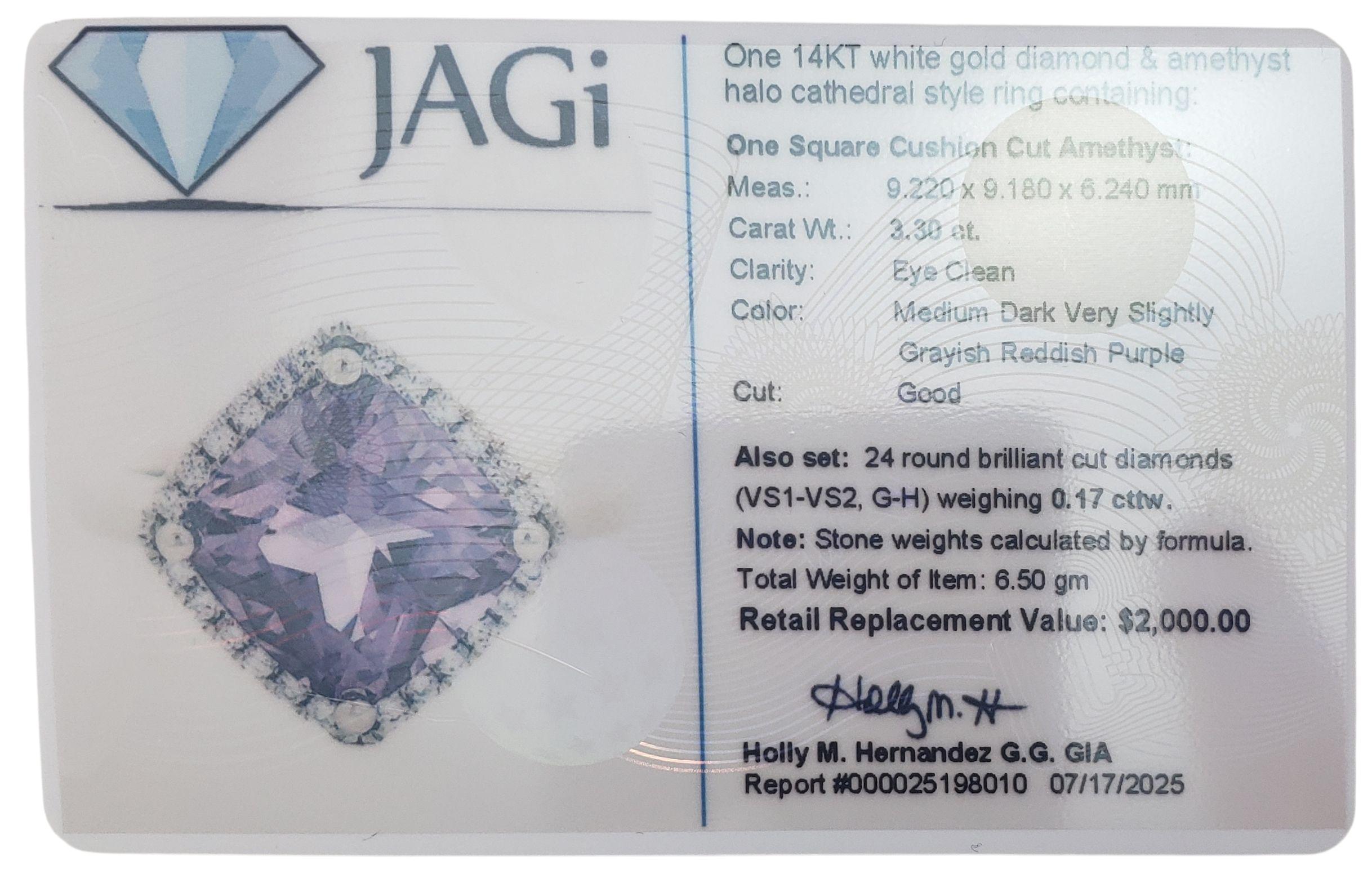14K White Gold Amethyst and Diamond Ring Size 7 JAGi Certified #22652 en vente 3