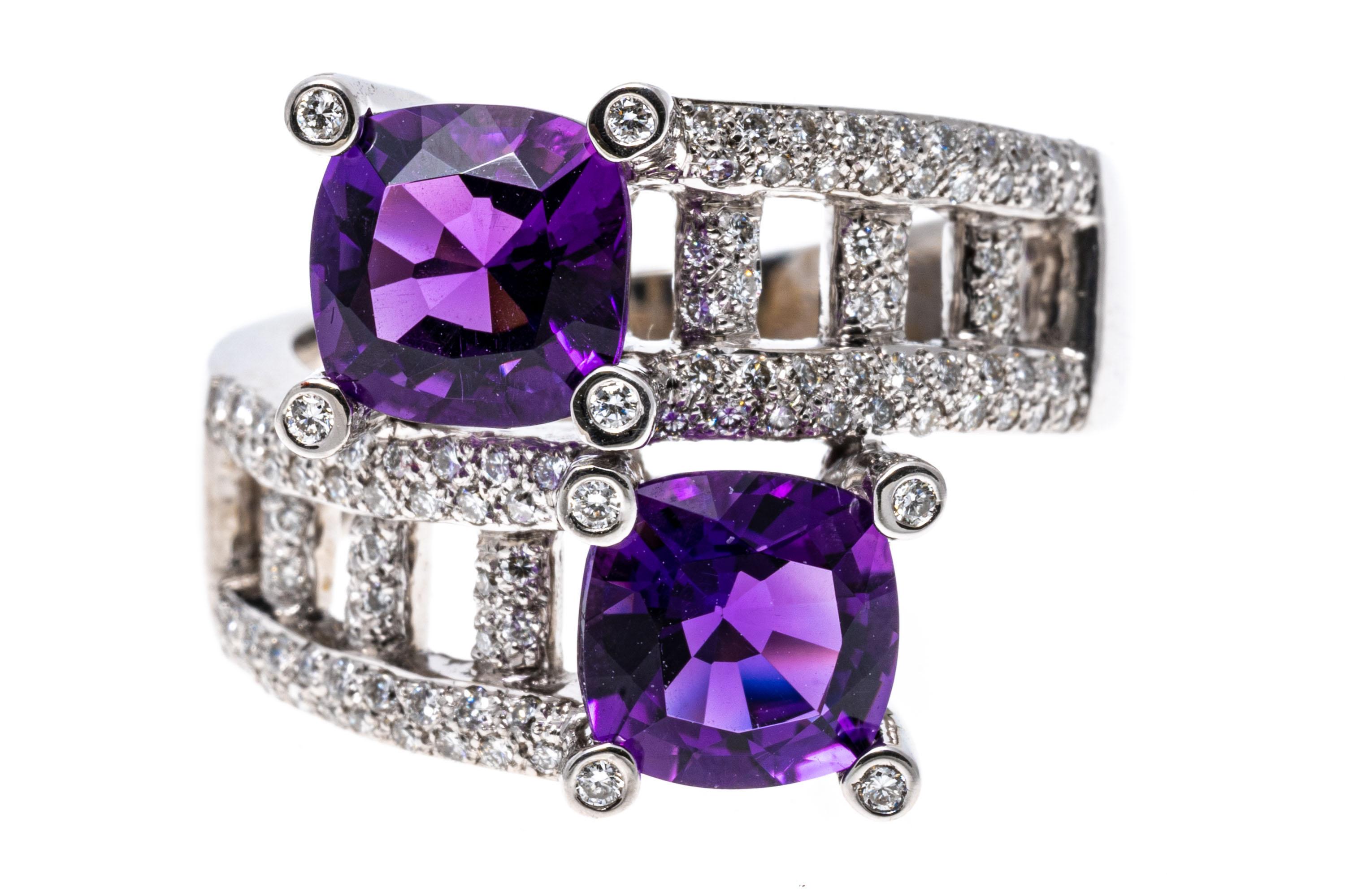Square Cut 14k White Gold Amethyst and Pave Diamond Bypass Crossover Ring For Sale