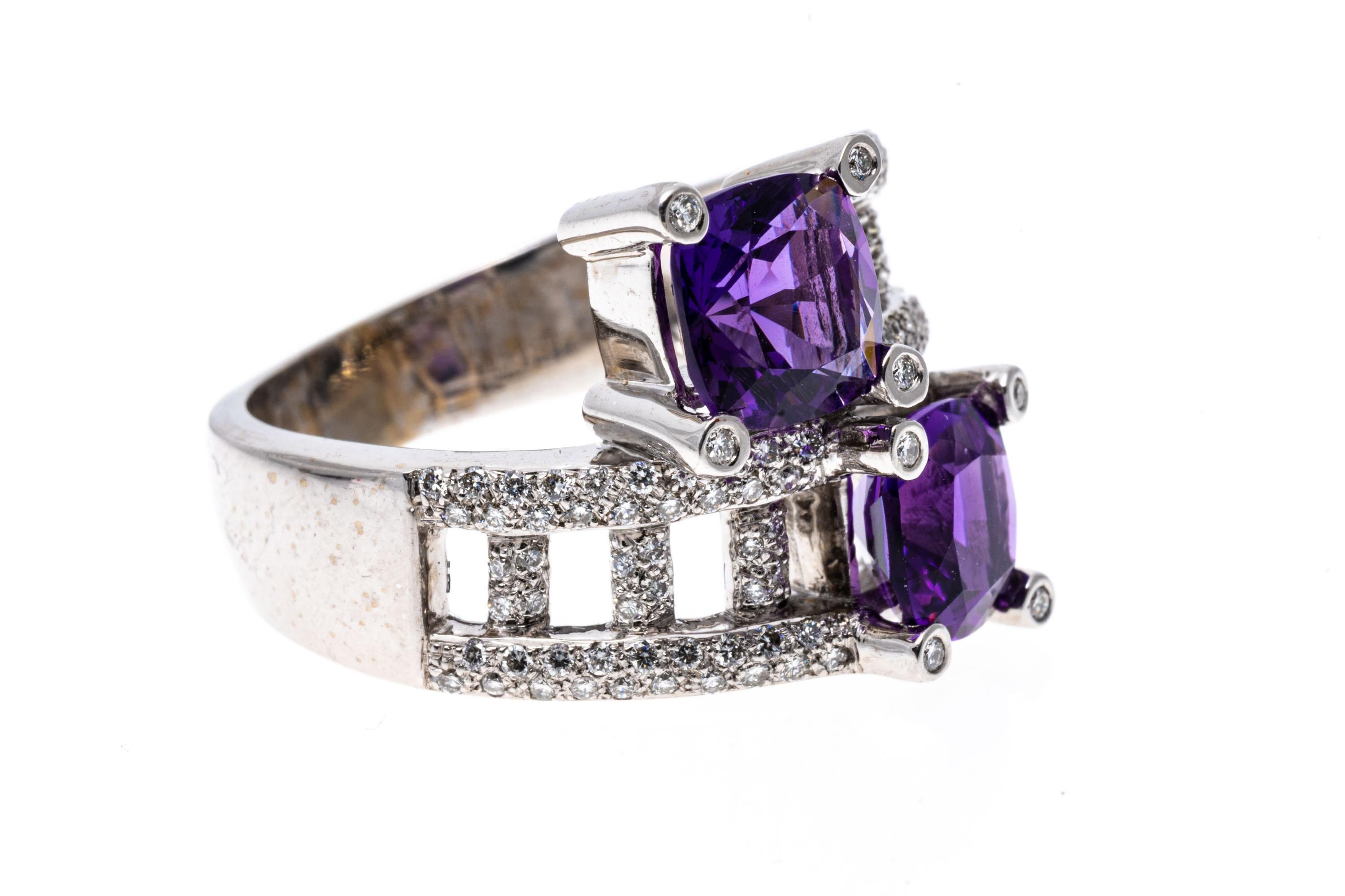 14k White Gold Amethyst and Pave Diamond Bypass Crossover Ring In Good Condition For Sale In Southport, CT