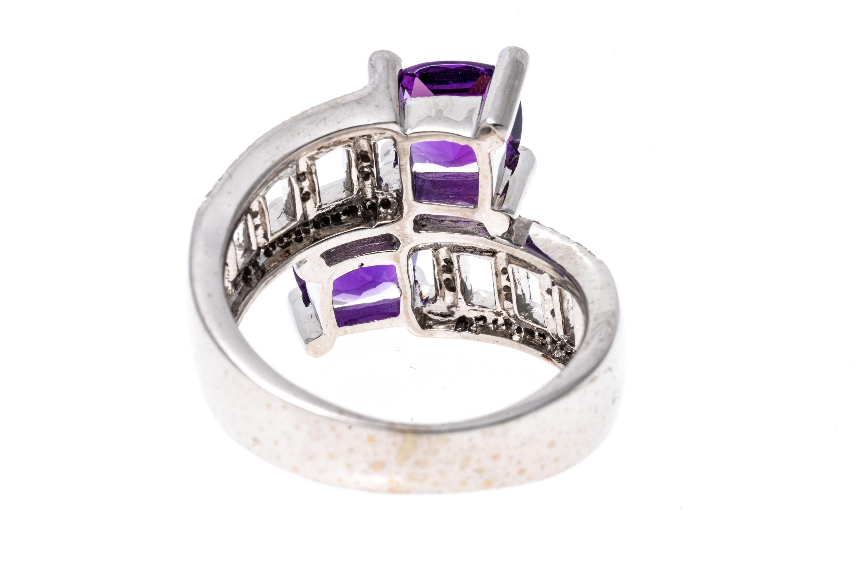 Women's 14k White Gold Amethyst and Pave Diamond Bypass Crossover Ring For Sale