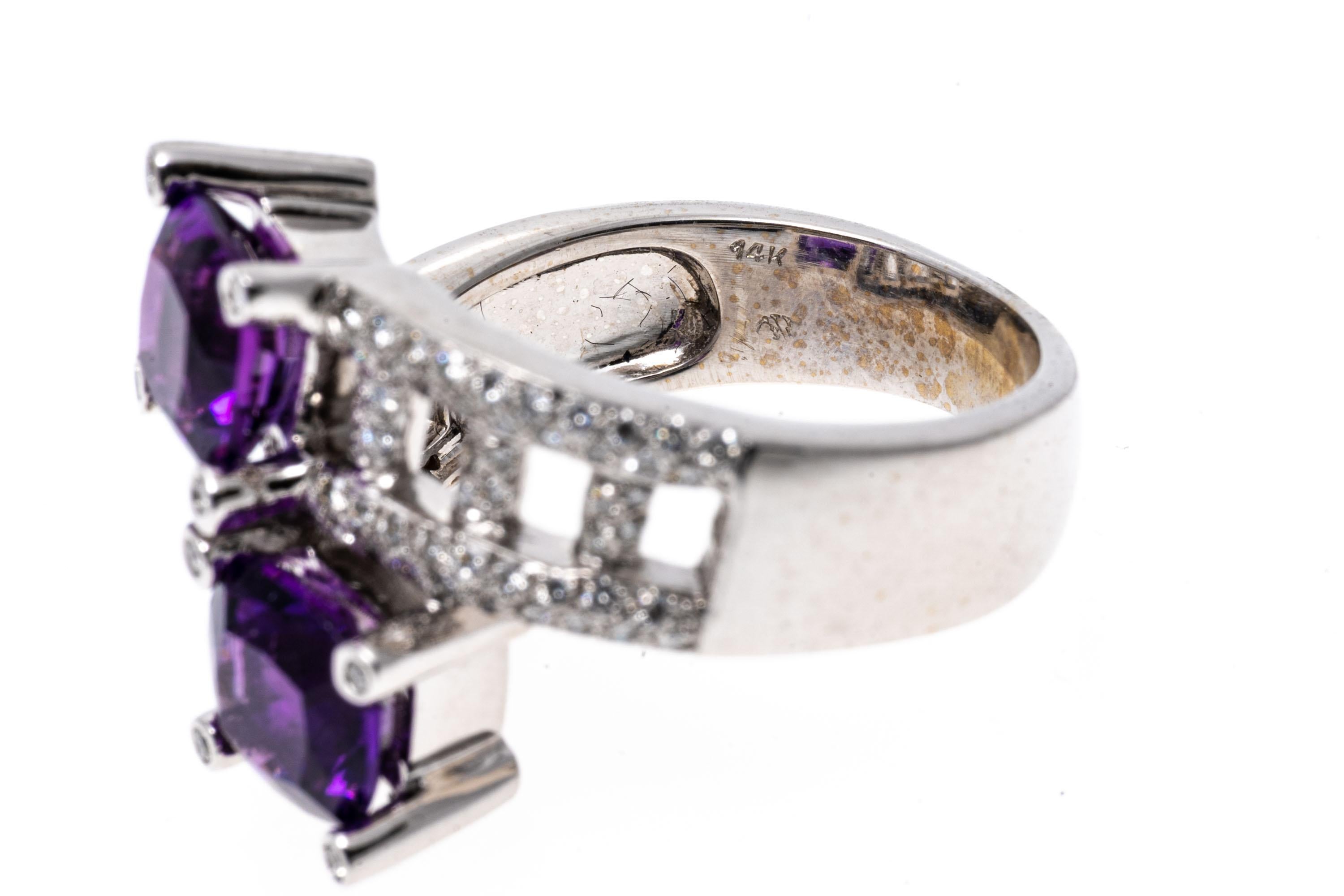14k White Gold Amethyst and Pave Diamond Bypass Crossover Ring For Sale 2
