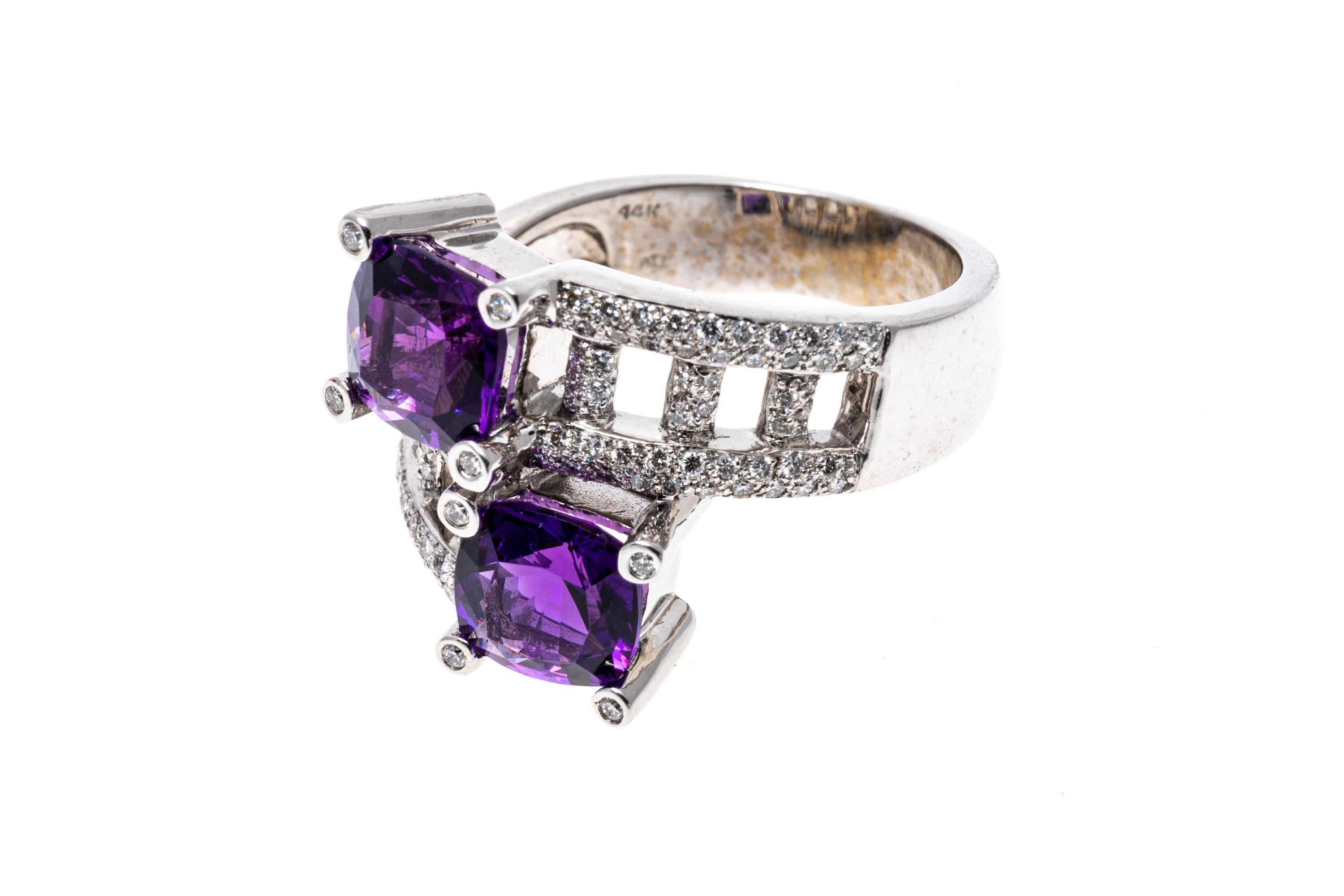 14k White Gold Amethyst and Pave Diamond Bypass Crossover Ring For Sale 3