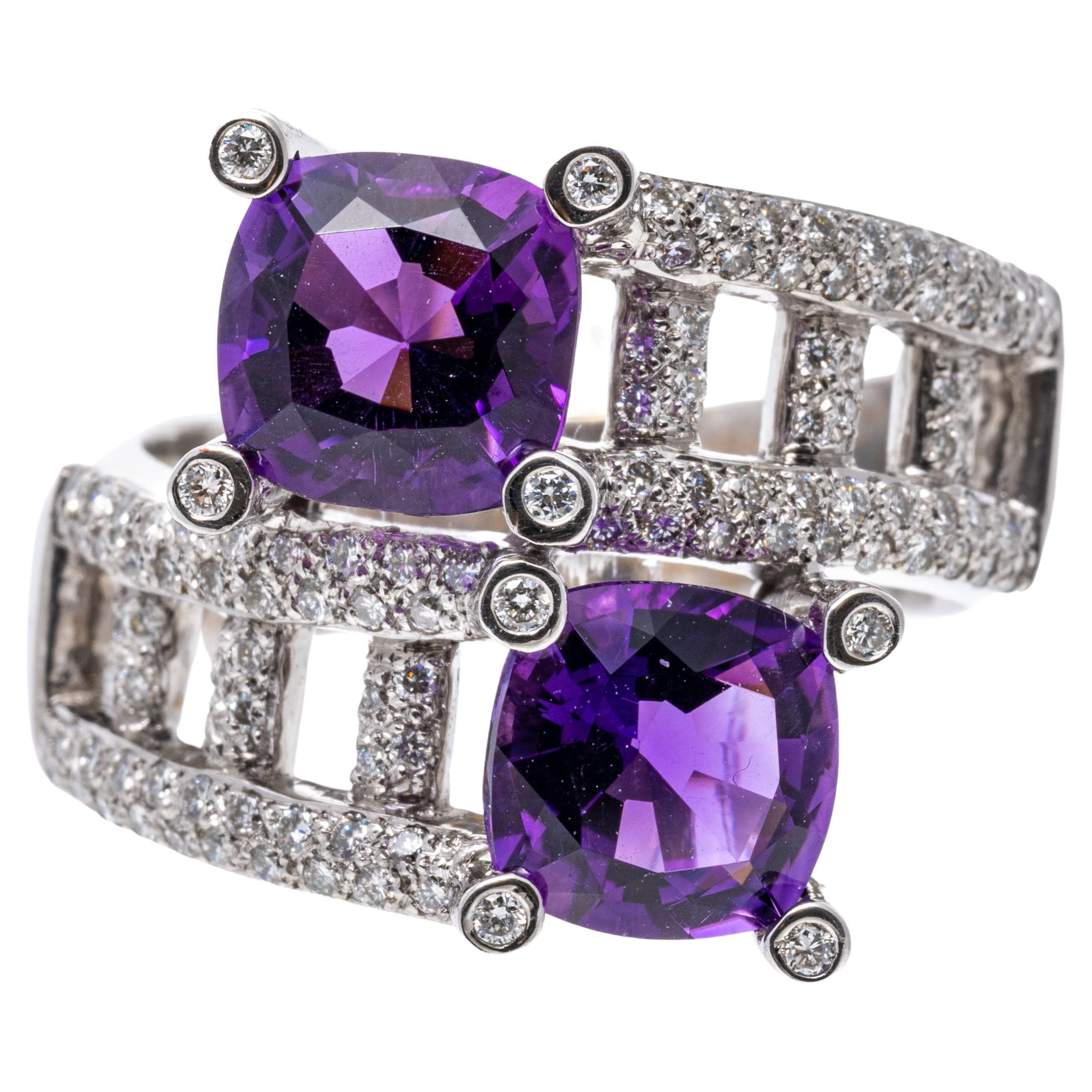 14k White Gold Amethyst and Pave Diamond Bypass Crossover Ring