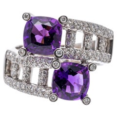 Vintage 14k White Gold Amethyst and Pave Diamond Bypass Crossover Ring