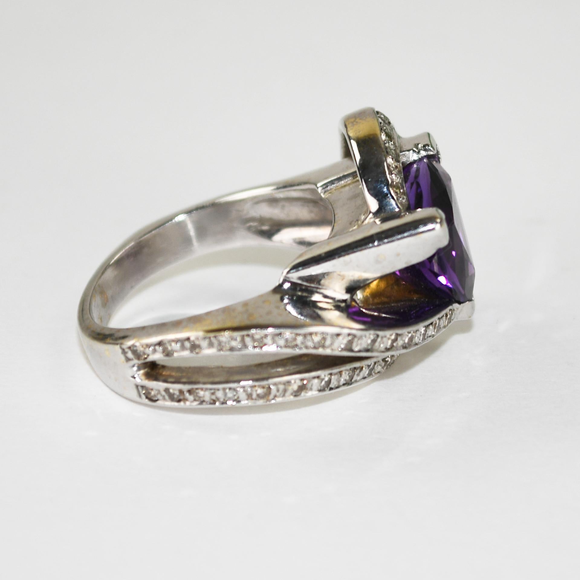 Taglio radiant Anello Cocktail con Ametista e Diamante in oro bianco 14K 14,3g in vendita