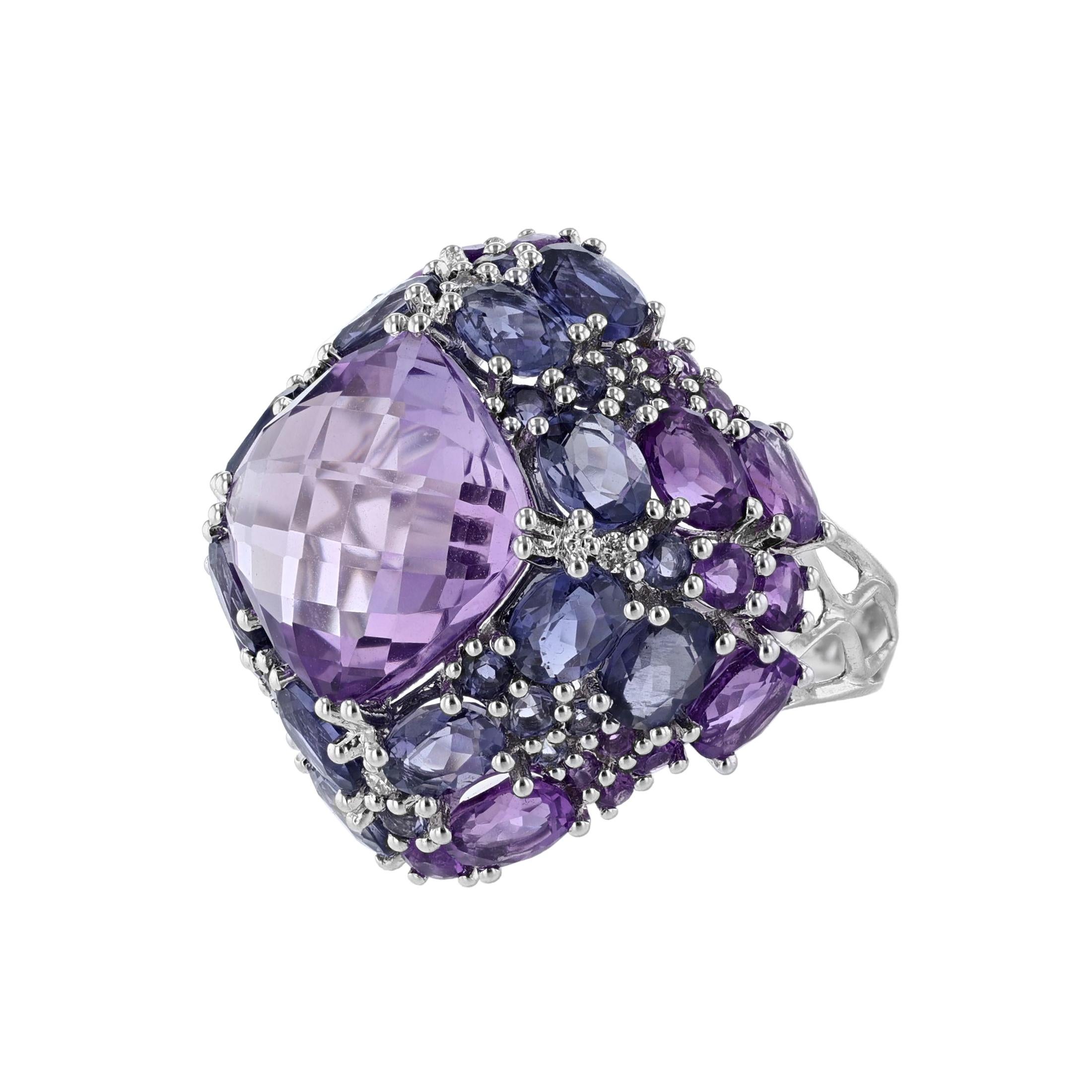Contemporary 14K White Gold Amethyst Iolite Diamond Dome Ring For Sale