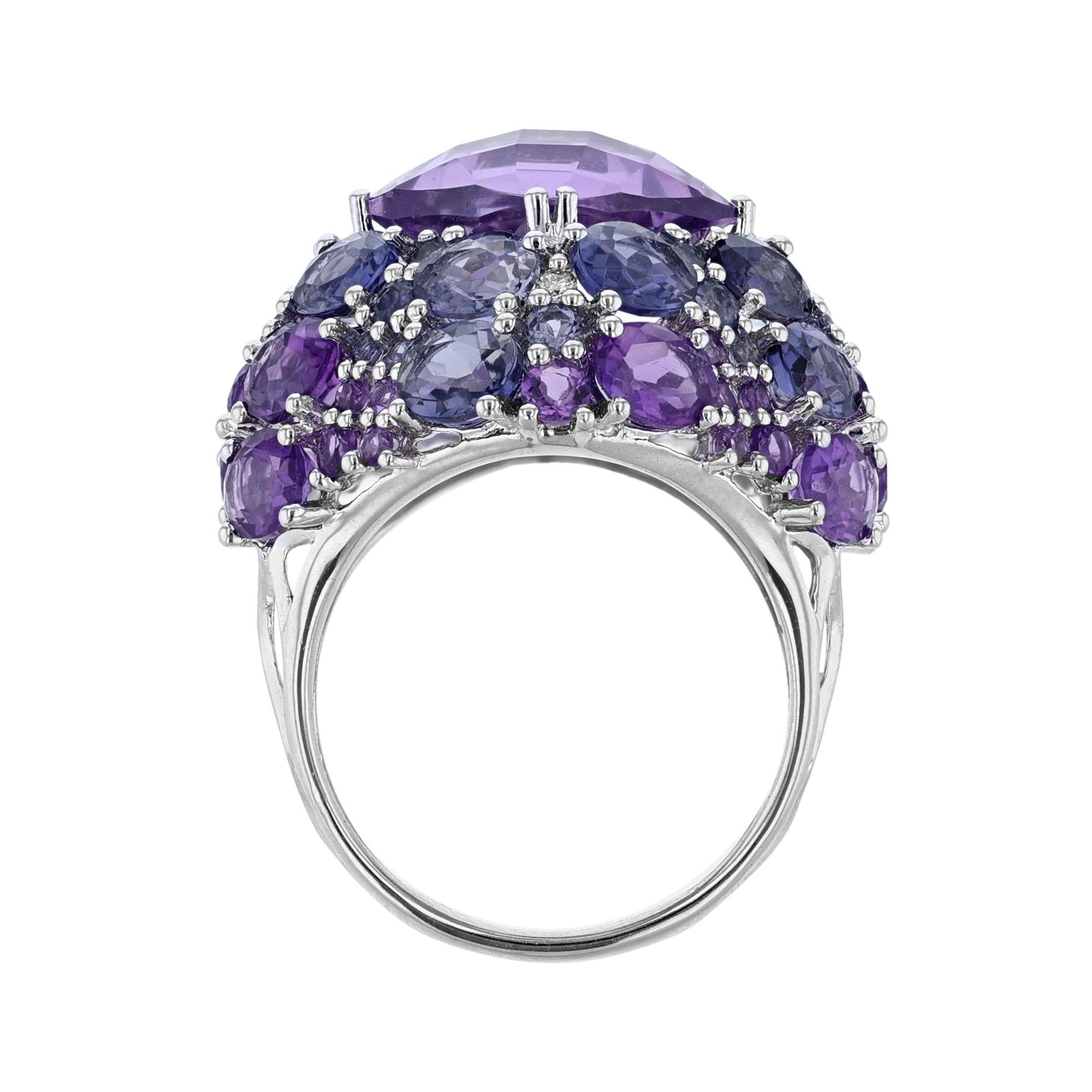 Round Cut 14K White Gold Amethyst Iolite Diamond Dome Ring For Sale