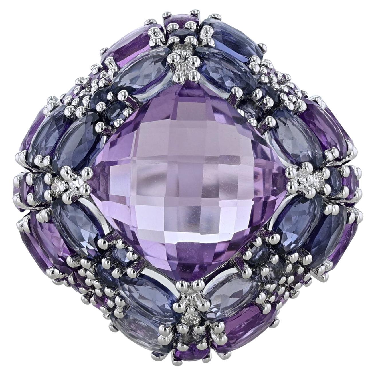 14K White Gold Amethyst Iolite Diamond Dome Ring For Sale