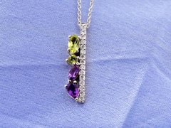 14K White Gold Amethyst, Peridot, and Diamond Multi-Gemstone Vertical Bar Penda