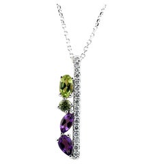 14K White Gold Amethyst, Peridot, and Diamond Multi-Gemstone Vertical Bar Penda