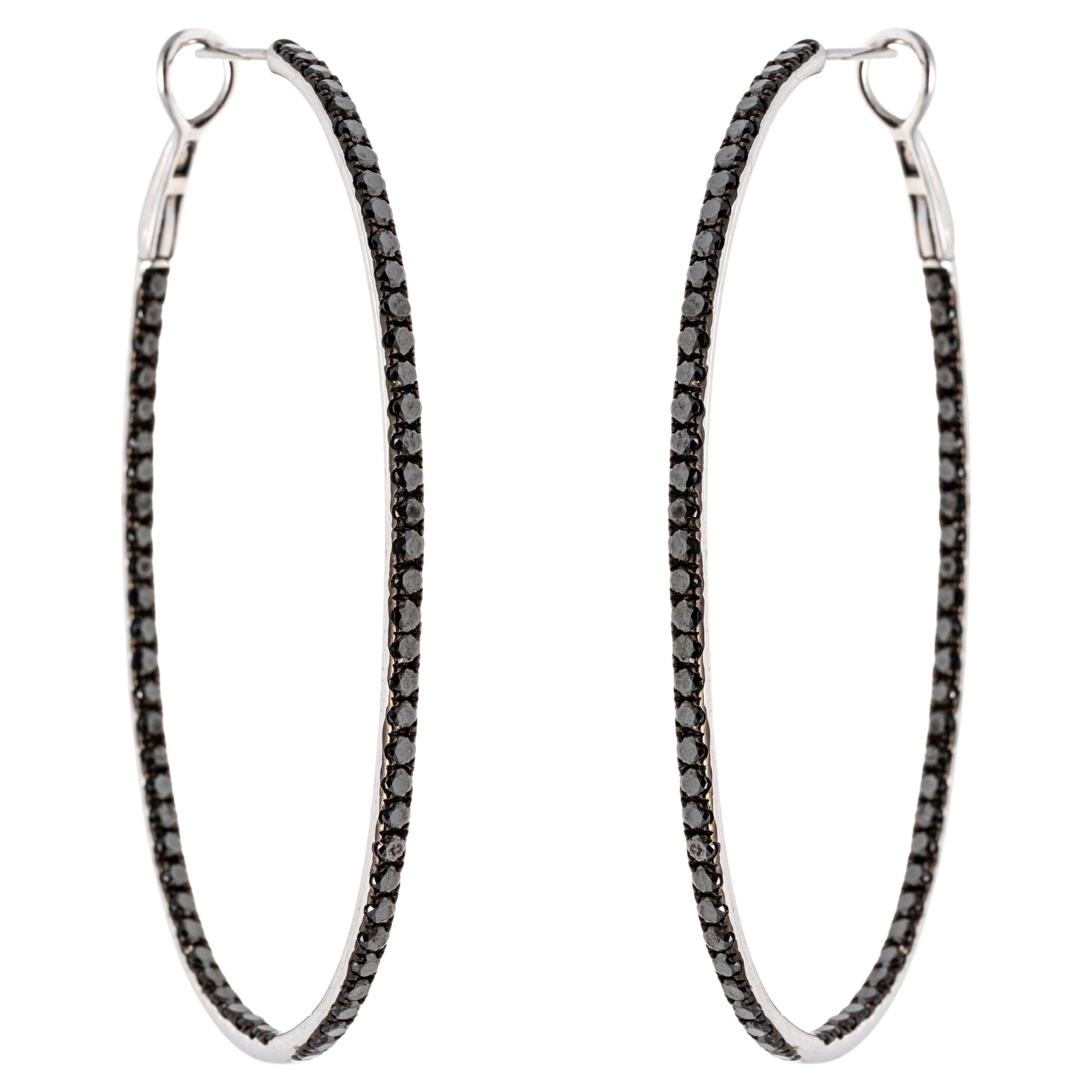14k White Gold and Black Diamond Elongated Hoop Earrings, 3.40 TCW For Sale