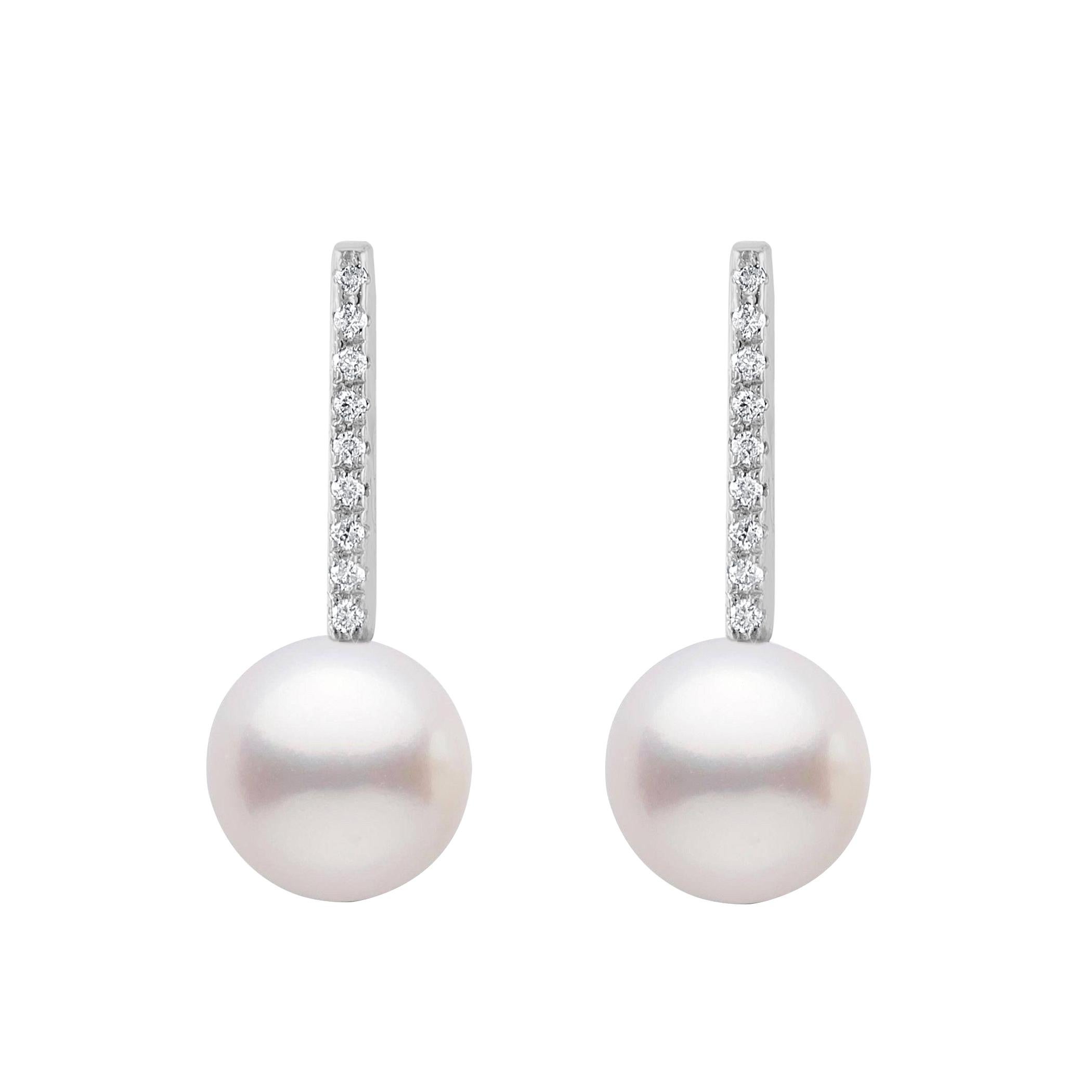 The bar earrings feature 14k White Gold, diamonds and Akoya pearls measuring 7.5mm. These are elegant and easy to wear, guaranteed to add glam to your look. 