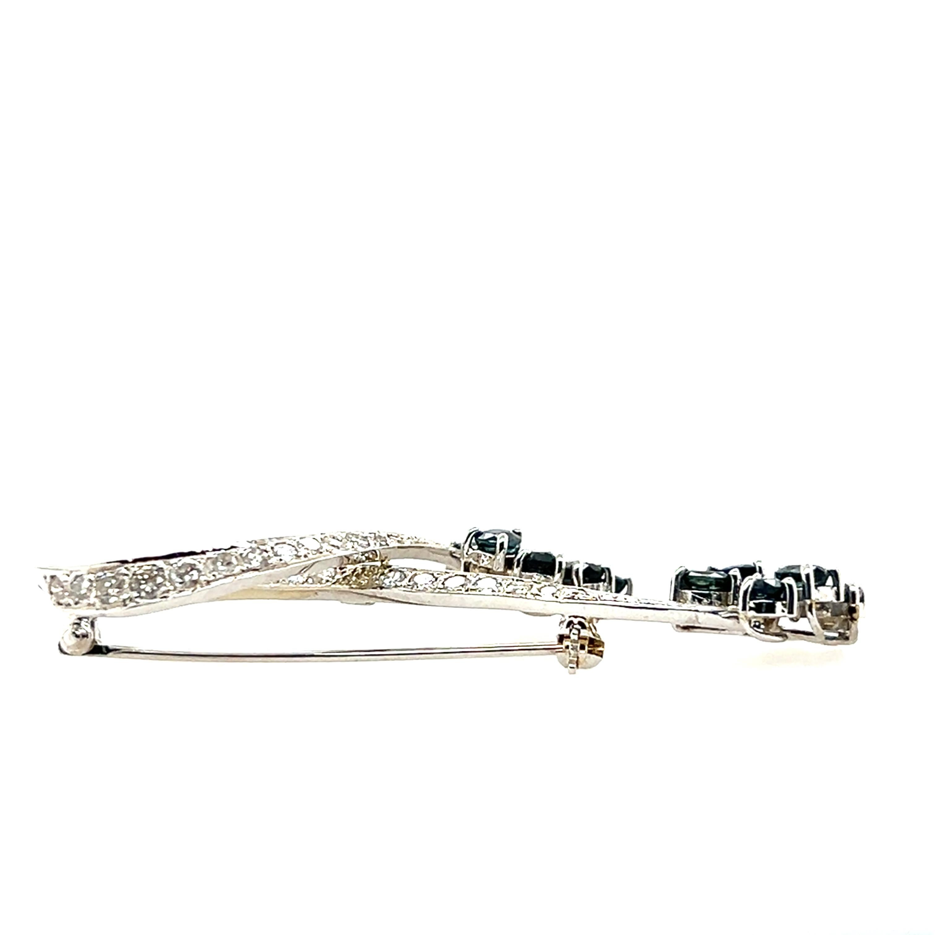 Oval Cut 14k White Gold and Diamond and Sapphire Floral Brooch