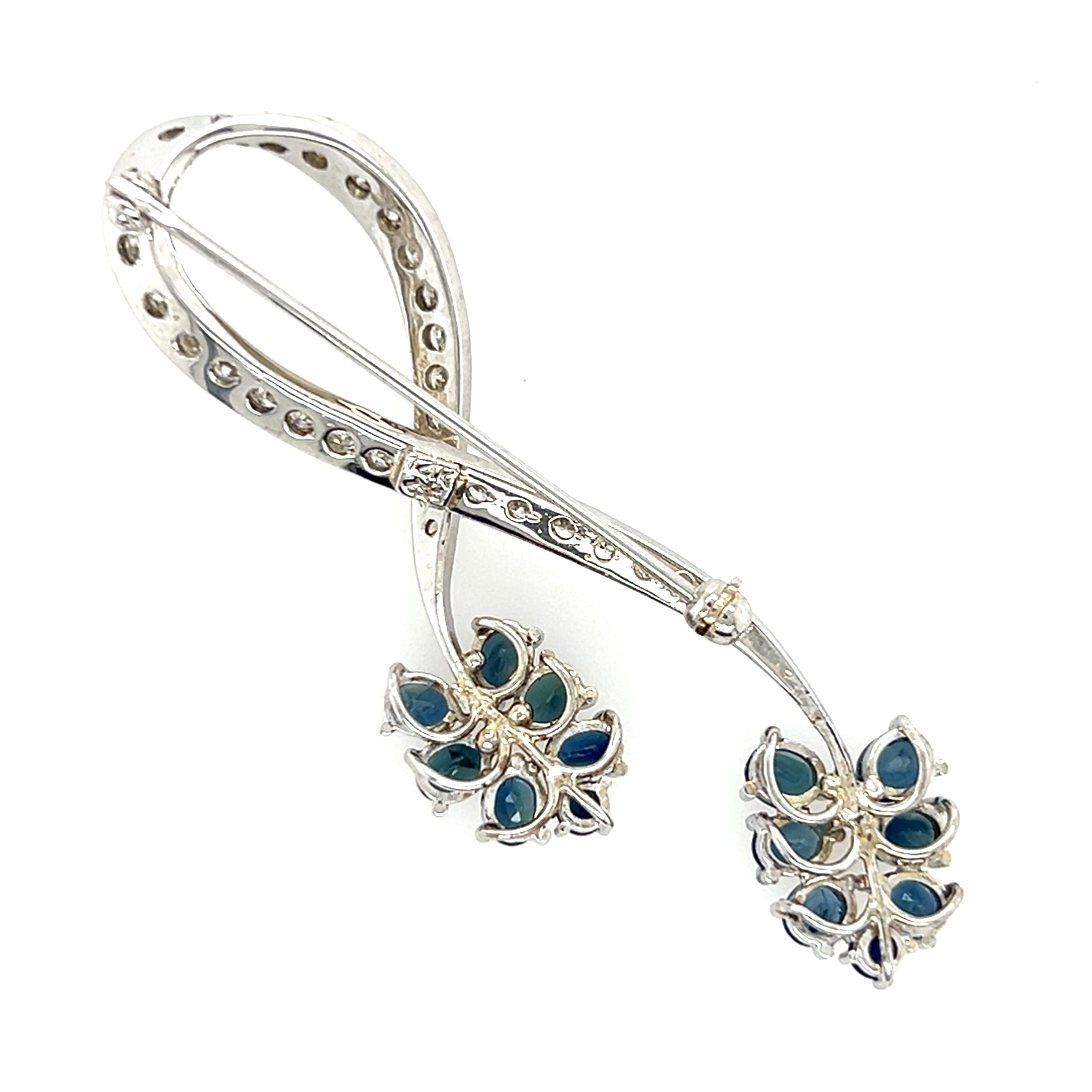 14k White Gold and Diamond and Sapphire Floral Brooch In Good Condition In Towson, MD