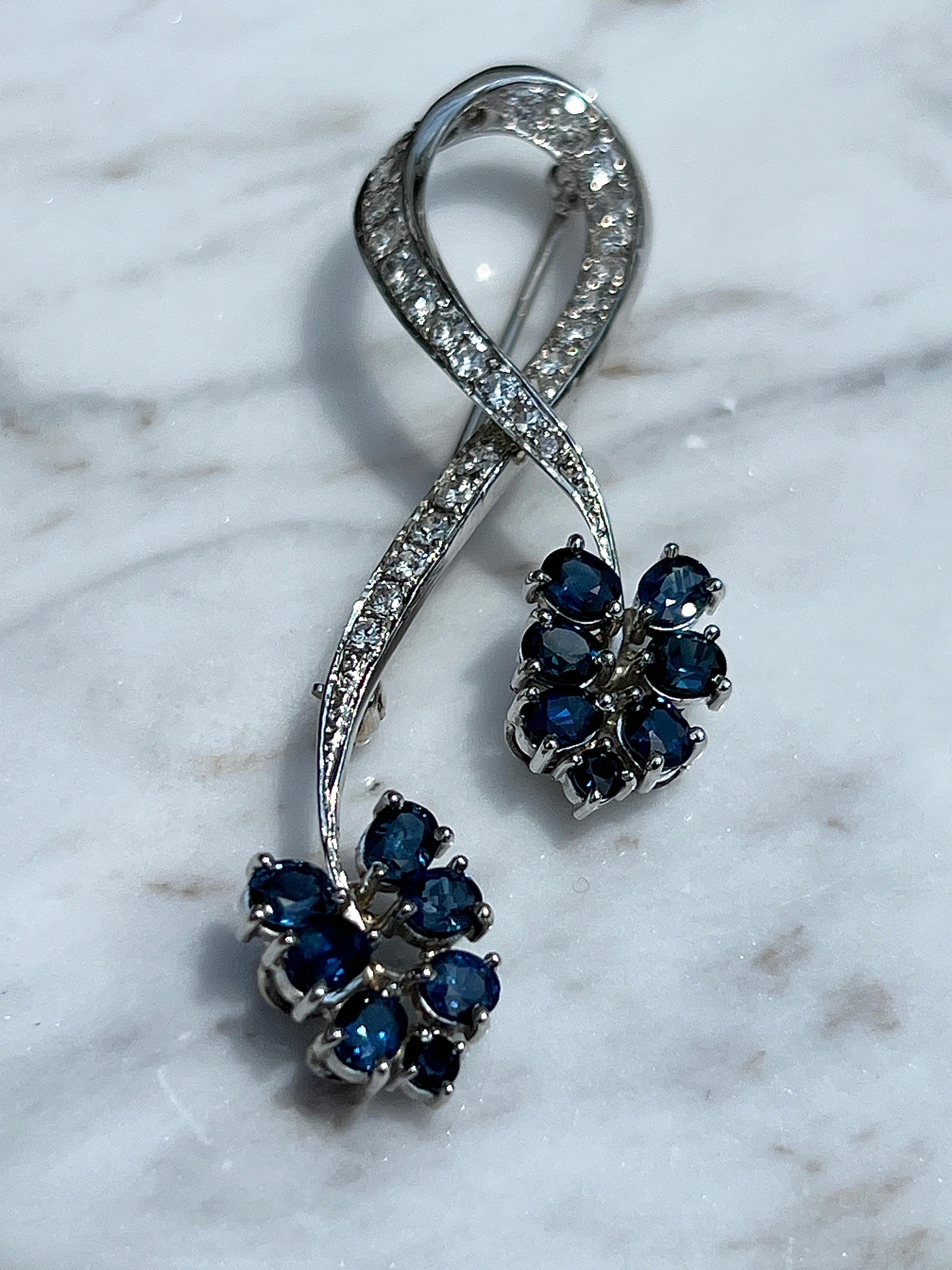 Women's or Men's 14k White Gold and Diamond and Sapphire Floral Brooch