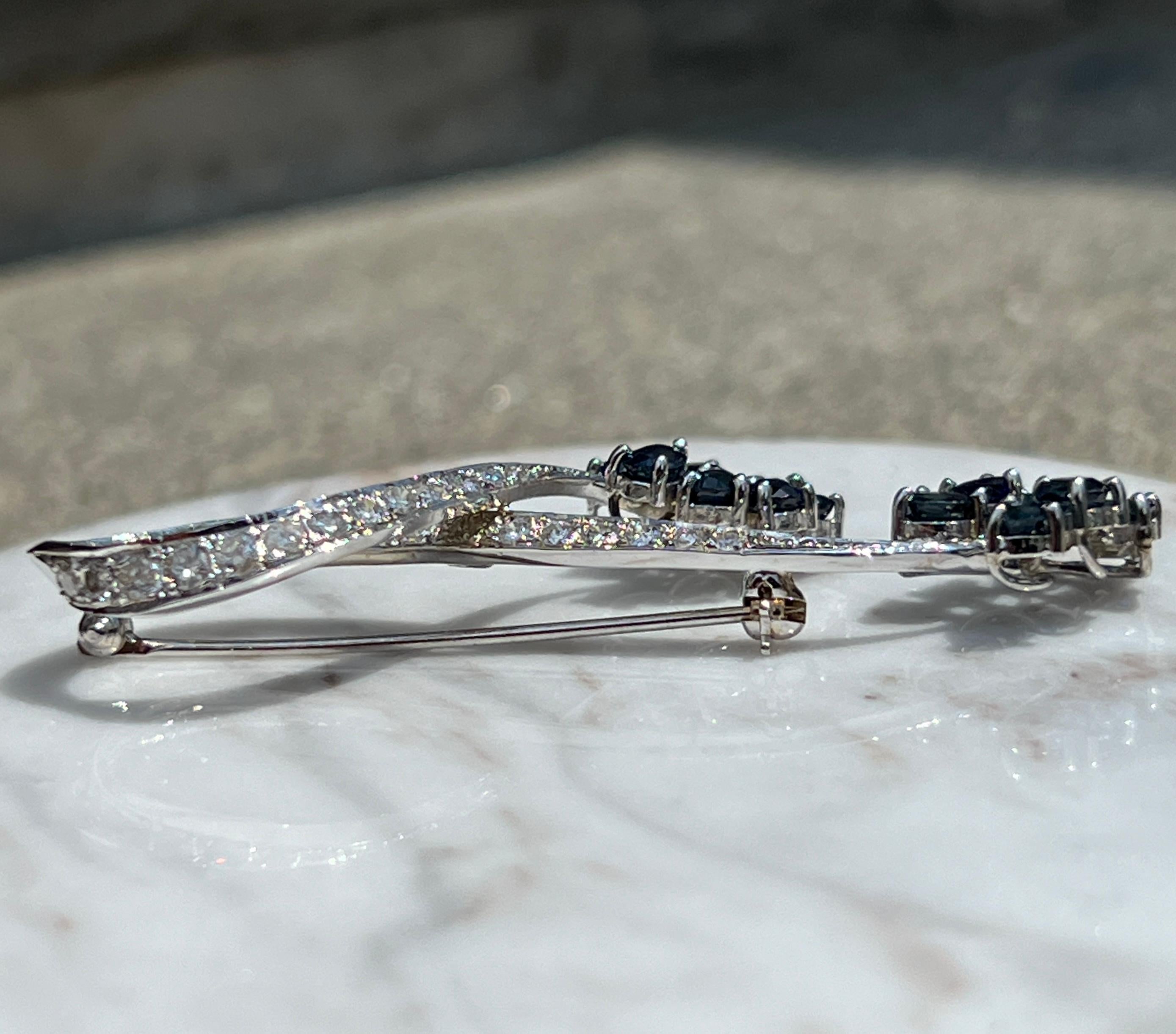 14k White Gold and Diamond and Sapphire Floral Brooch 2