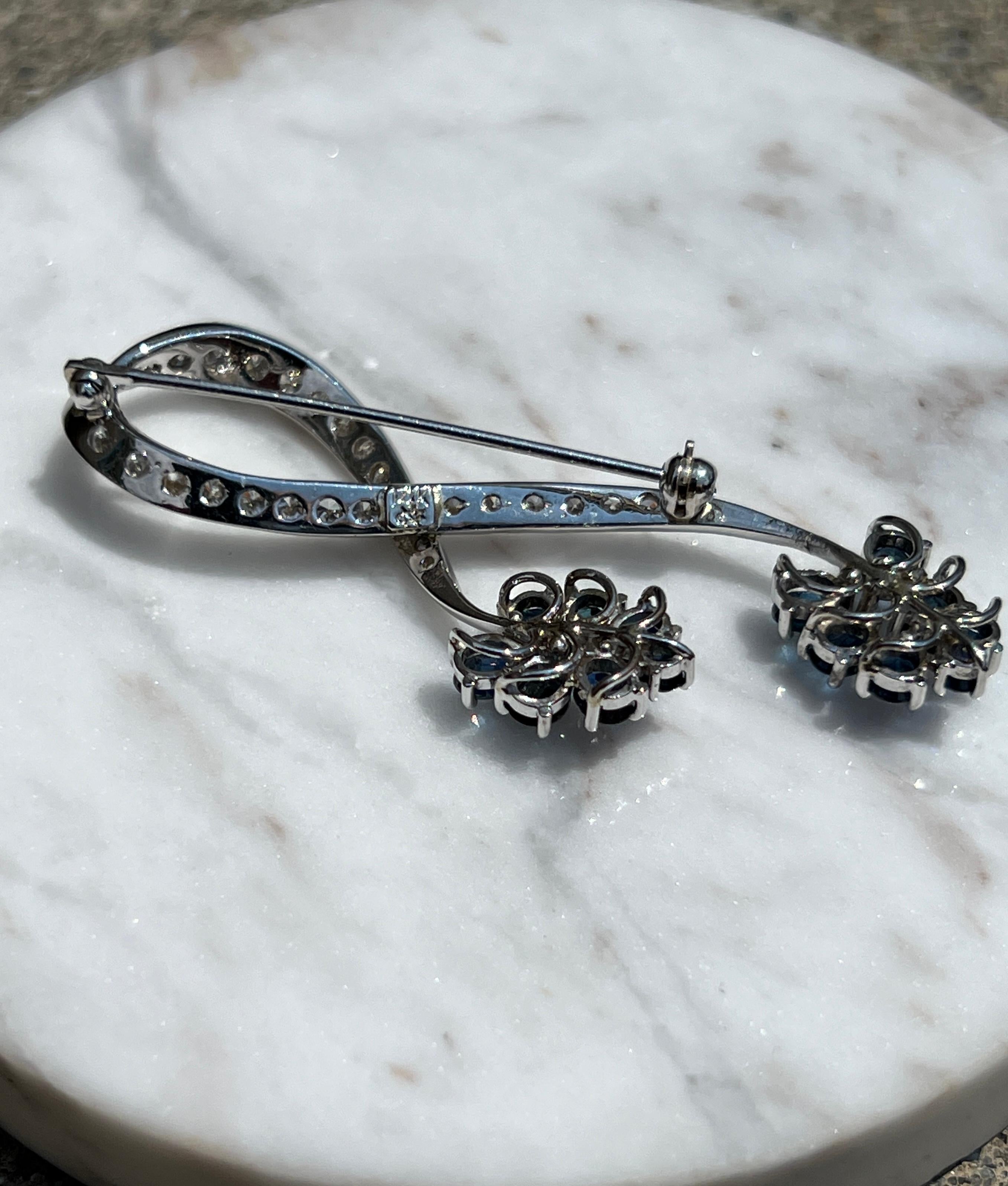 14k White Gold and Diamond and Sapphire Floral Brooch 3