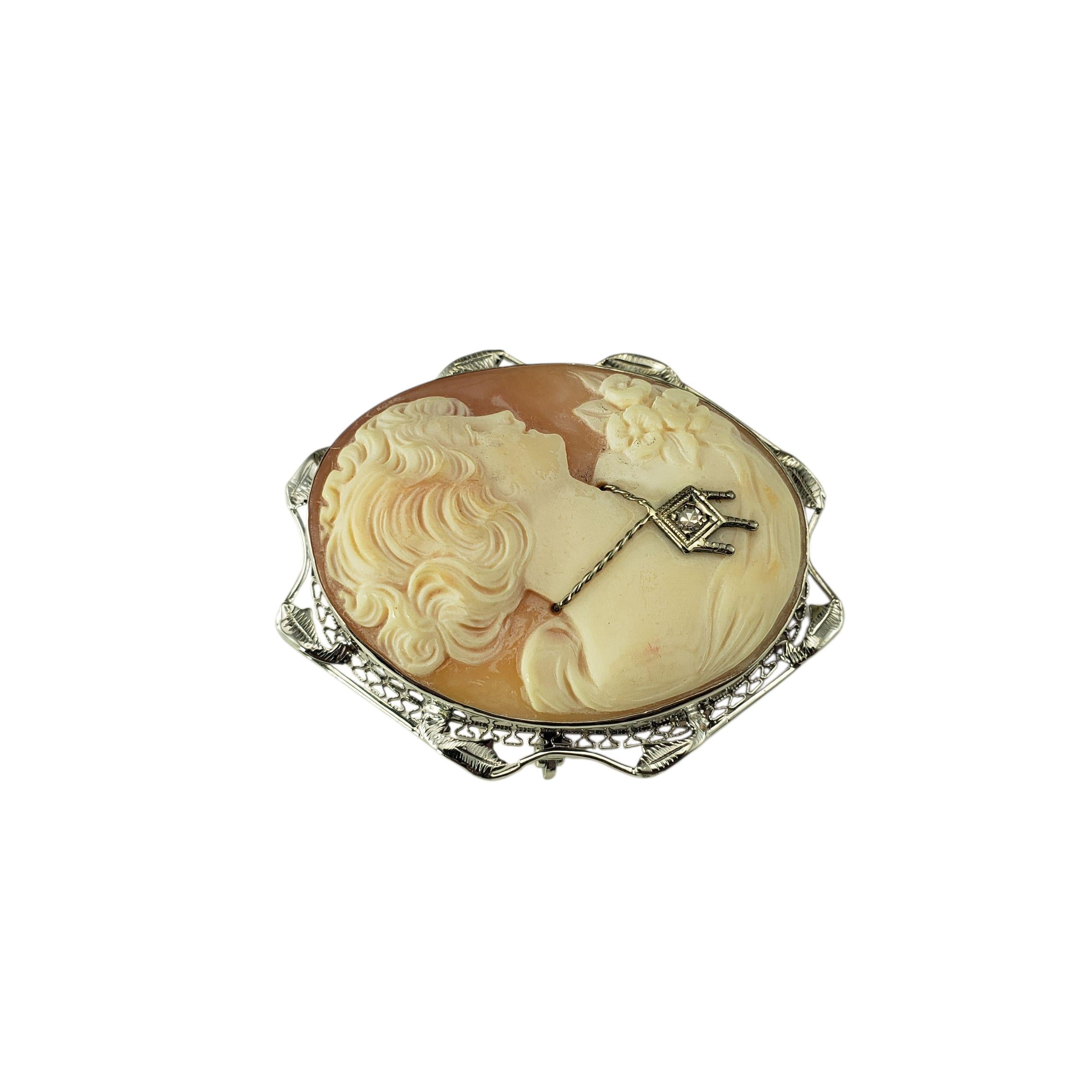14K Weißgold und Diamant-Kamee-Brosche/Anhänger

Diese elegante Kamee zeigt eine hübsche Dame im Profil, die mit floralen Details verziert ist. Das Schmuckstück ist in einen verschnörkelten Rahmen aus 14 Karat Weißgold eingefasst und wird von einem