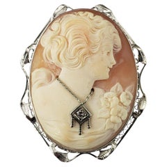 Vintage 14K White Gold and Diamond Cameo Brooch/Pendant #22985